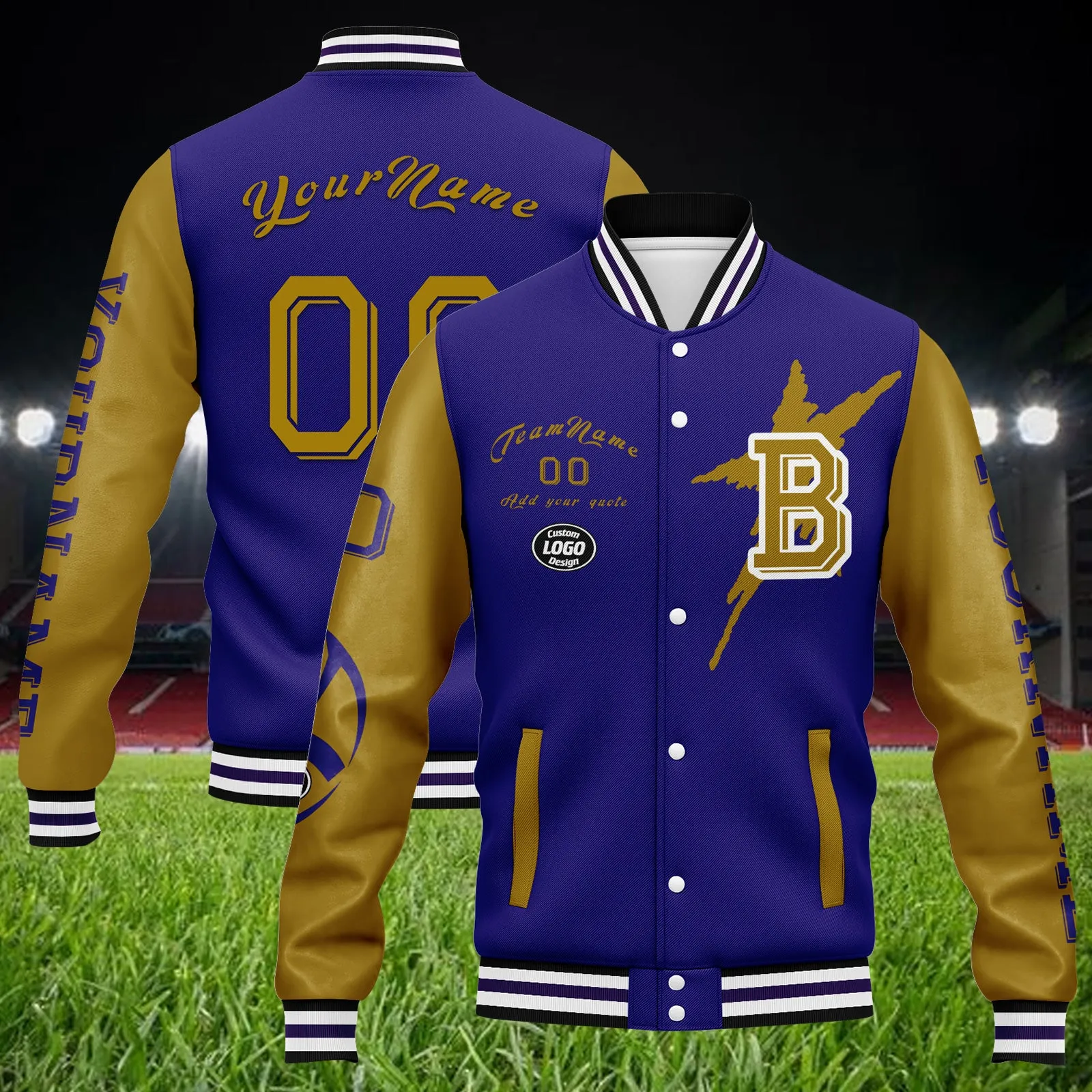 Custom Purple Yellow Baltimore Jacket Bomber Full-Snap Varsity Letterman Personalized Jacket FZ005SX-D020290-2