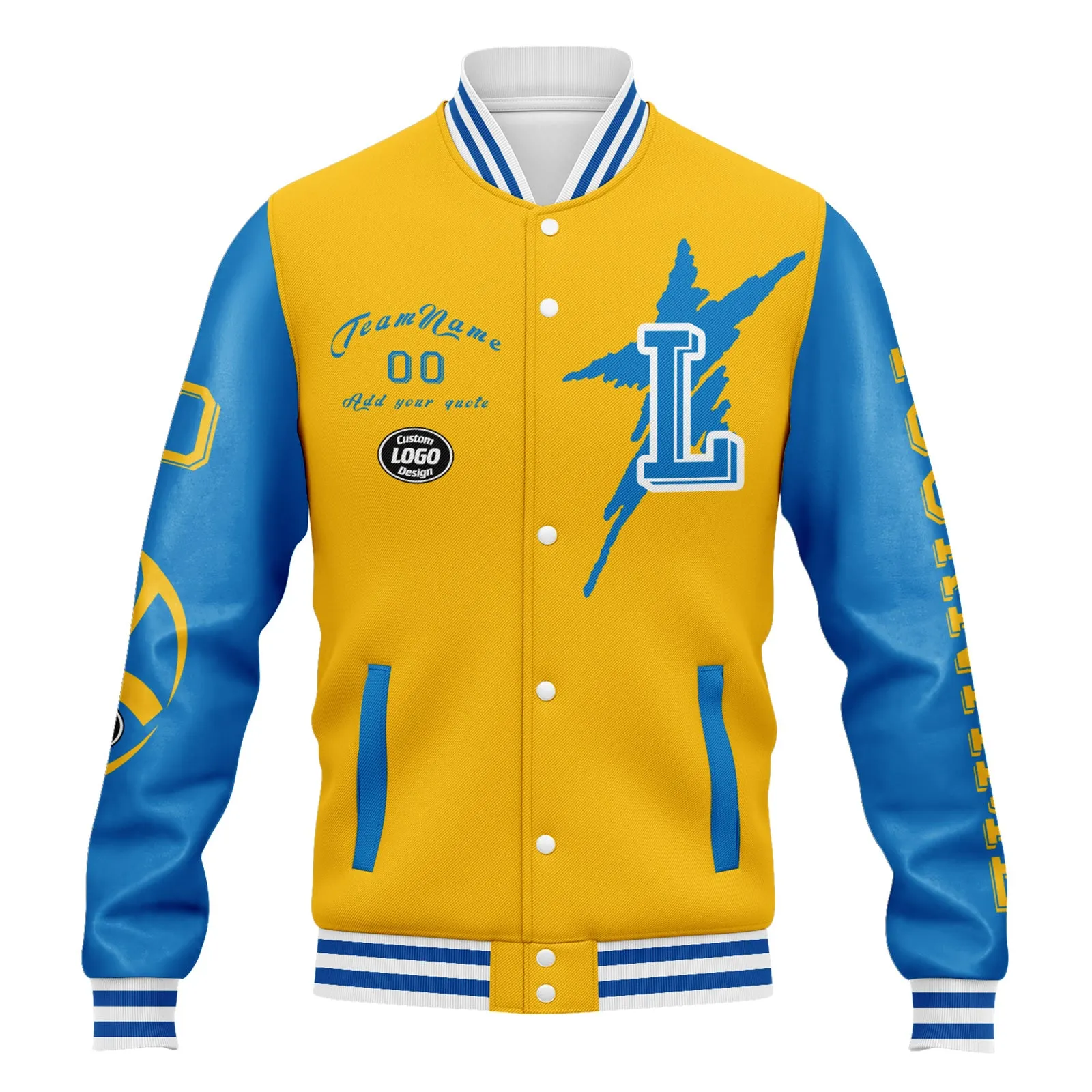 Custom Yellow Blue Los Angeles Jacket Bomber Full-Snap Varsity Letterman Personalized Jacket FZ005SX-D020290-22