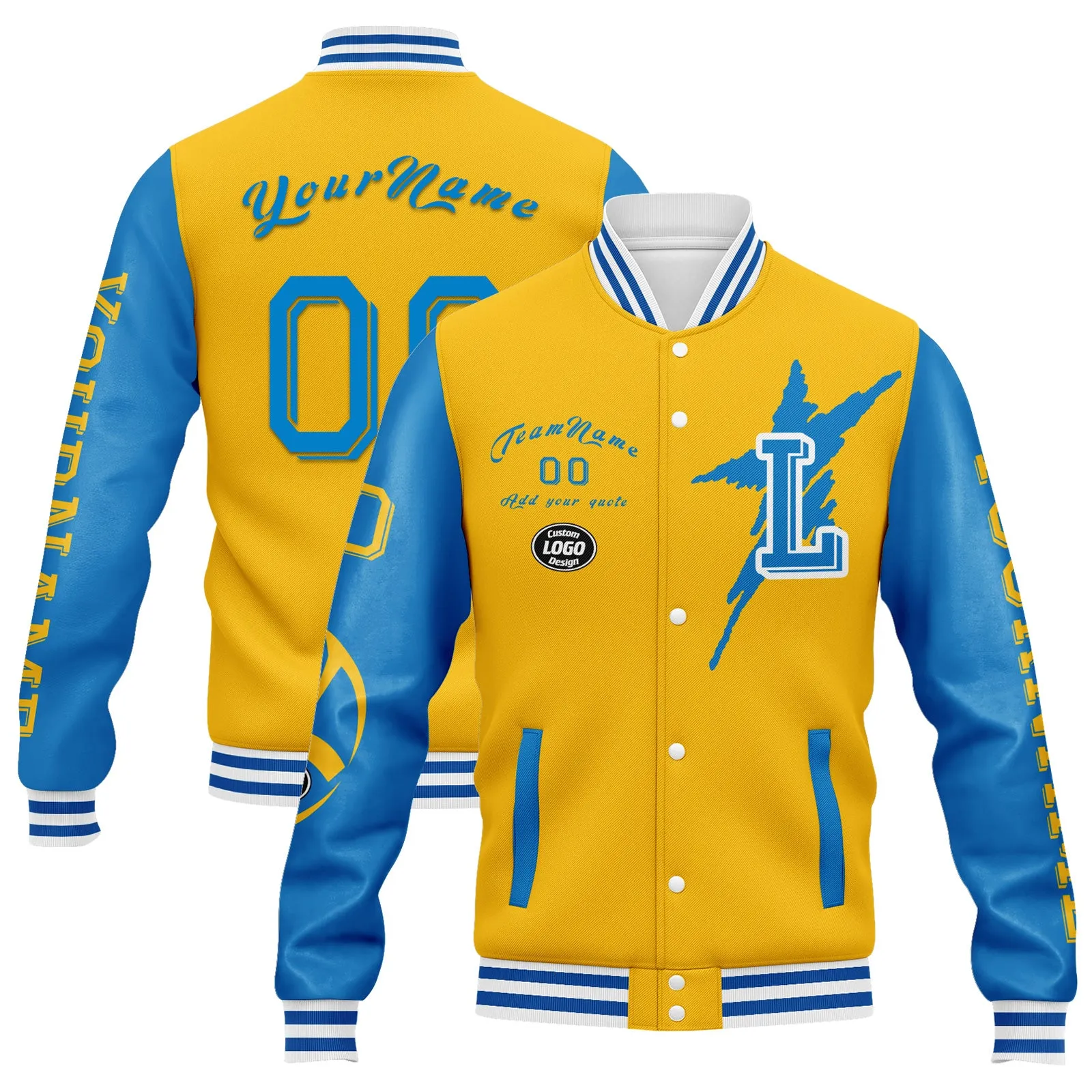 Custom Yellow Blue Los Angeles Jacket Bomber Full-Snap Varsity Letterman Personalized Jacket FZ005SX-D020290-22