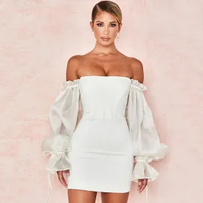 Cute Off Shoulder Puff Sleeve Bodycon Party Mini Dress - White