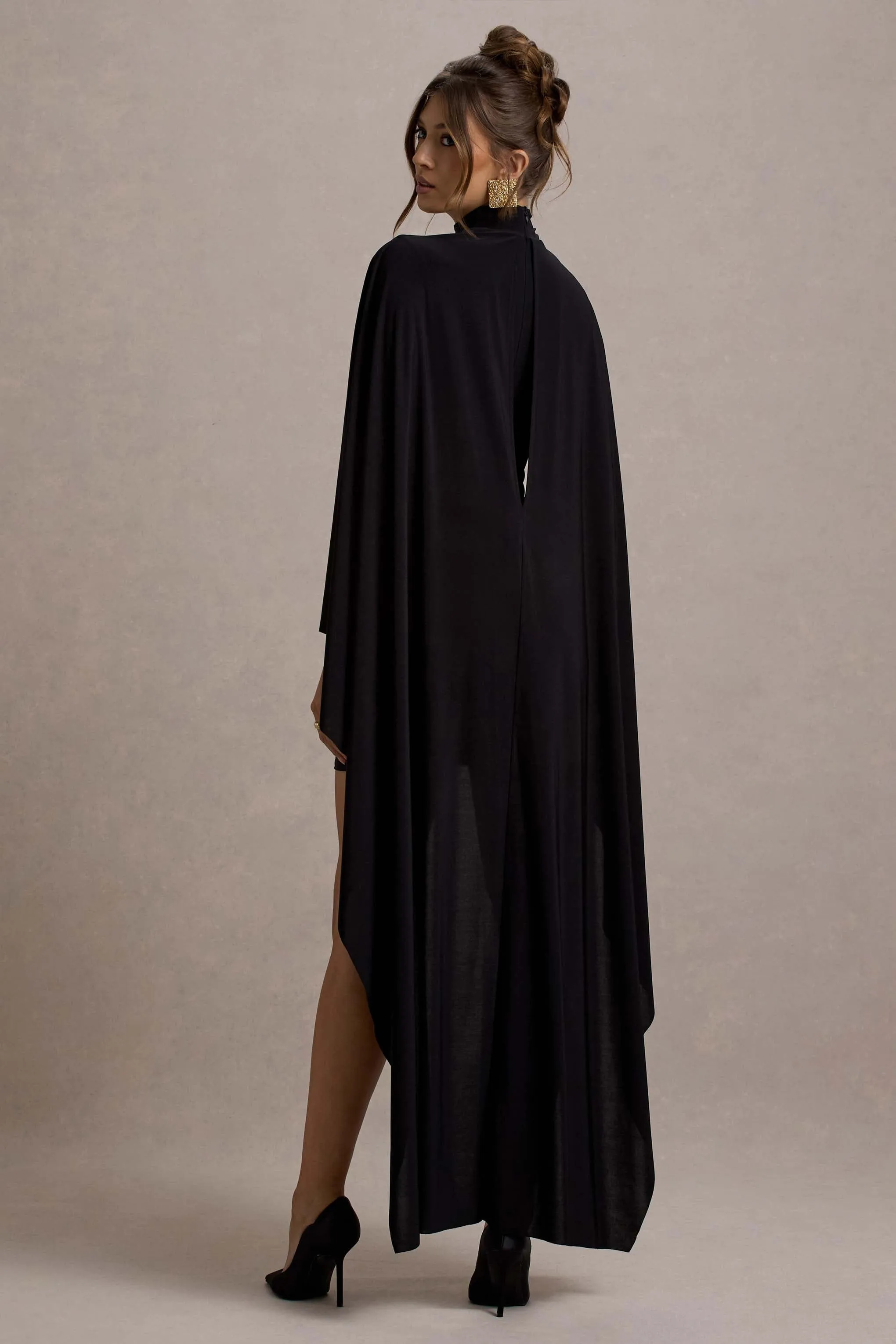 Damia | Black High-Neck Mini Dress With Asymmetric Cape