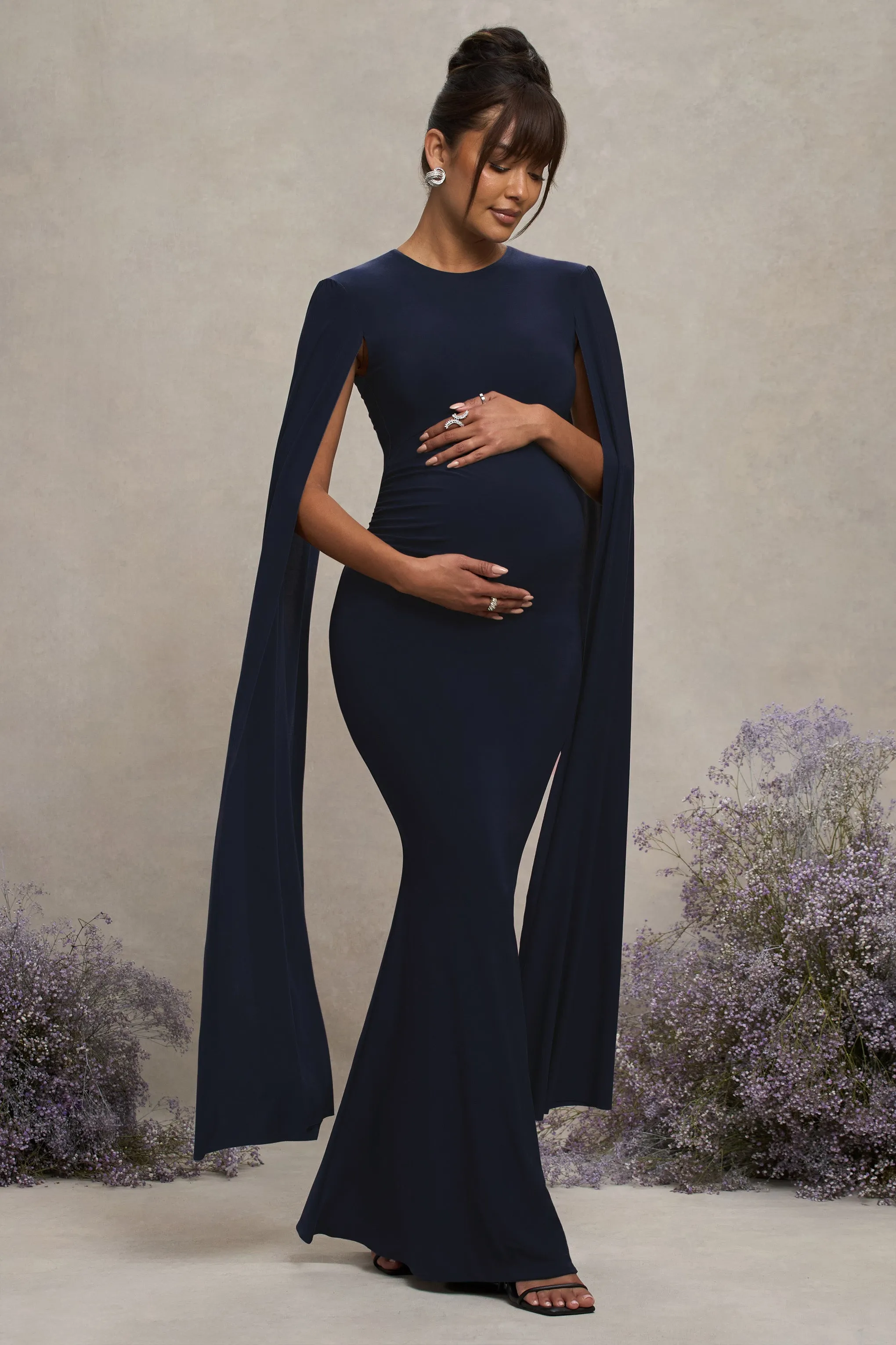 Divine Timing | Navy Maternity Maxi Dress With Cape Sleeves