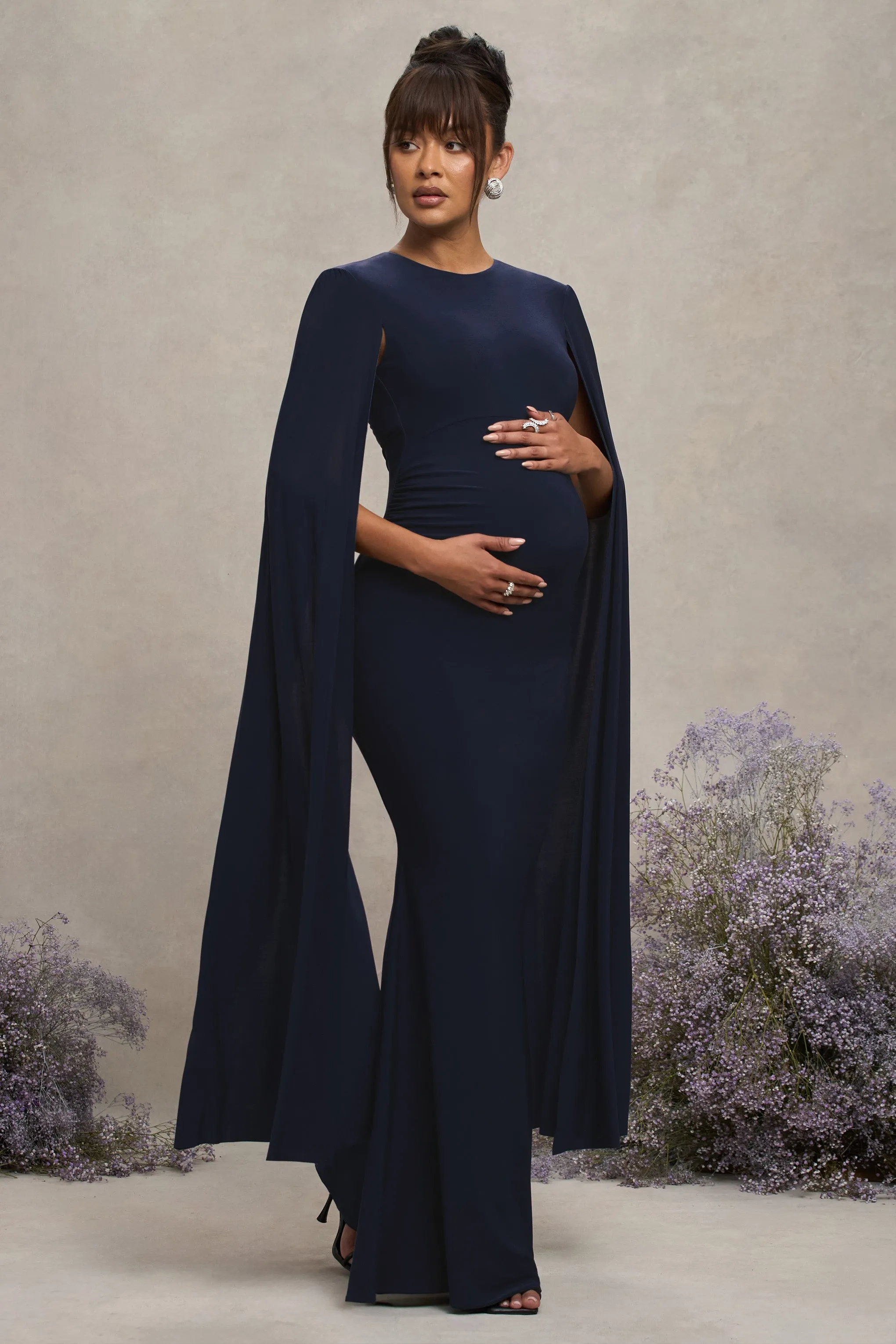 Divine Timing | Navy Maternity Maxi Dress With Cape Sleeves