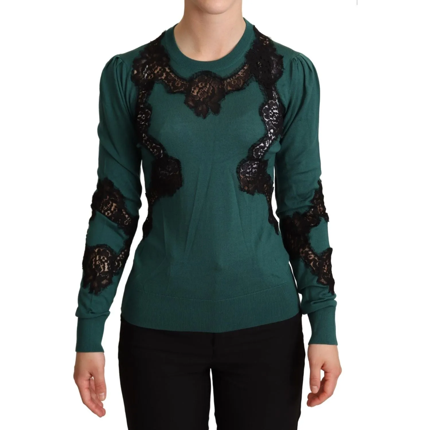 Dolce & Gabbana Elegant Green Pullover with Black Lace Detail