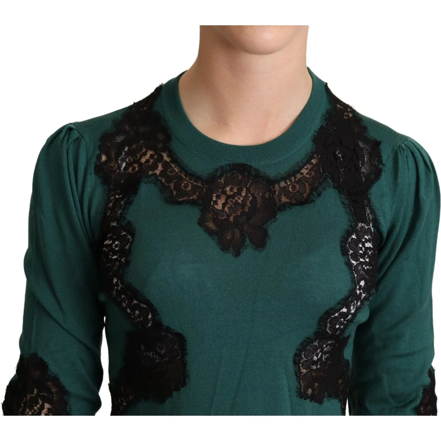 Dolce & Gabbana Elegant Green Pullover with Black Lace Detail