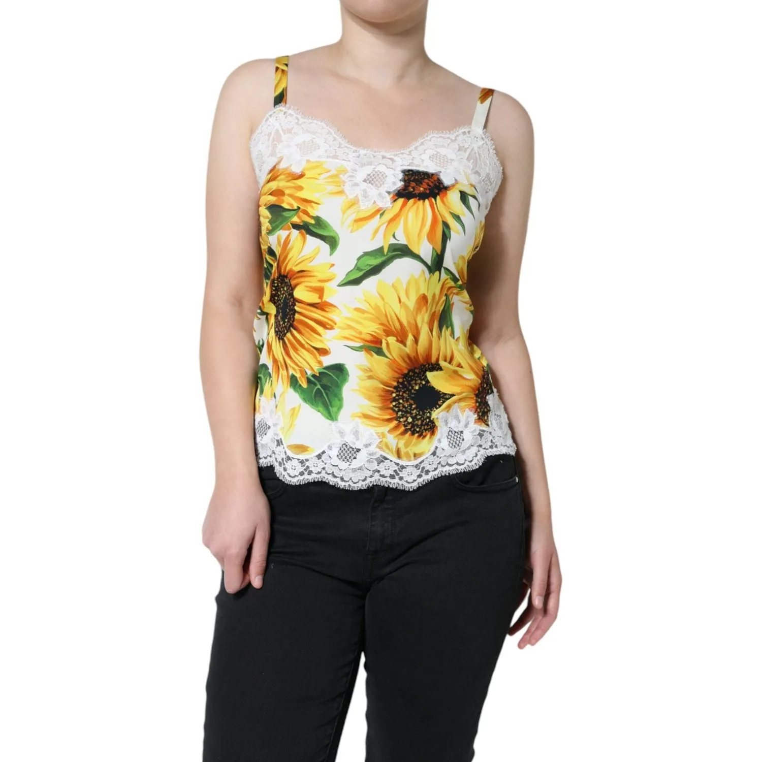 Dolce & Gabbana White Silk Sunflower Lace Sleeveless Tank Top