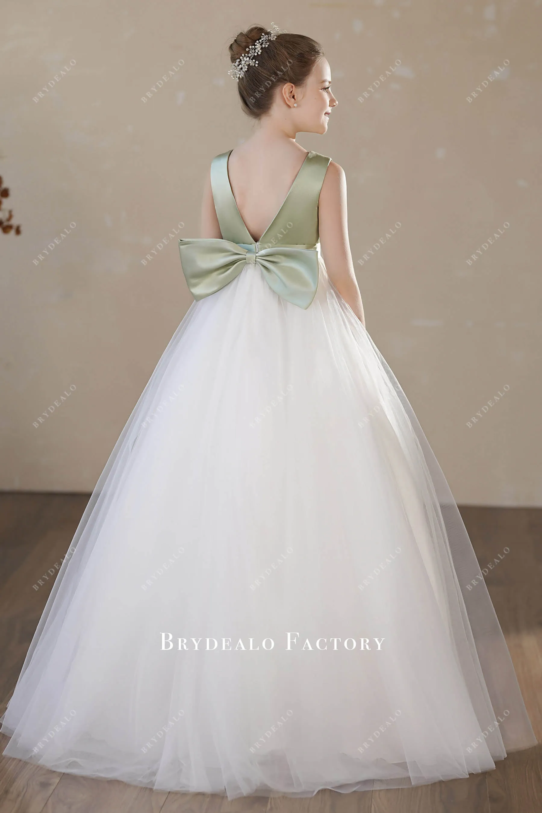 Elegant Sage Satin White Tulle Floor Length Flower Girl Dress