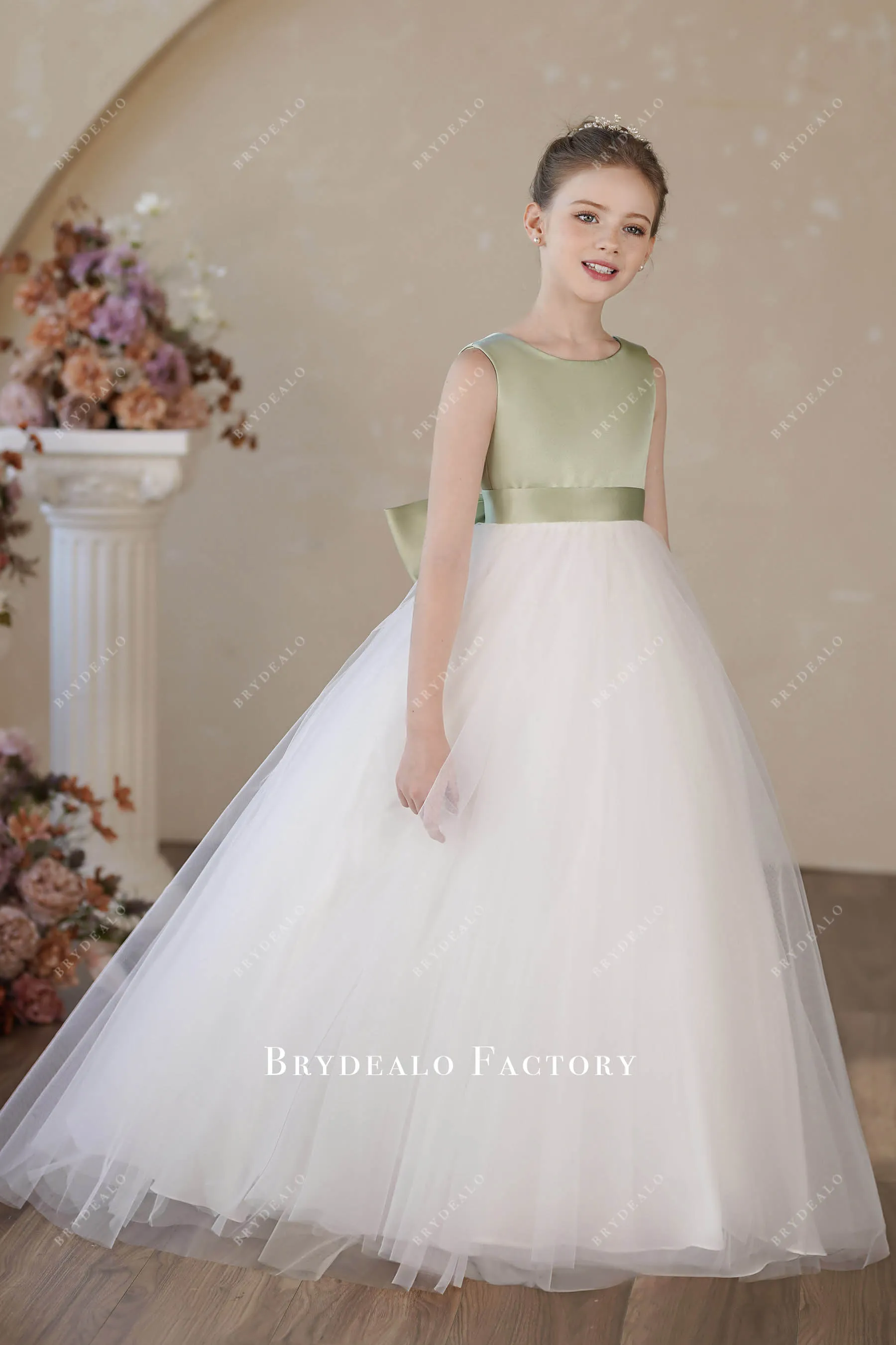 Elegant Sage Satin White Tulle Floor Length Flower Girl Dress