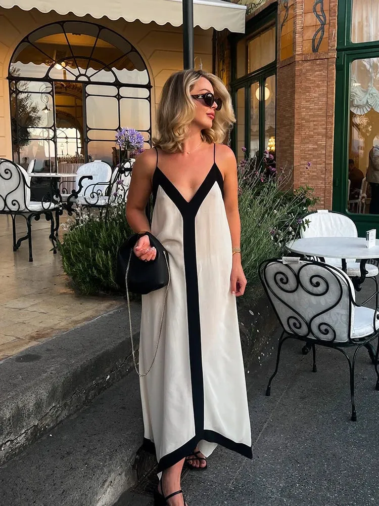 Elegant Suspender Maxi Dress Women's Sexy Summer Sling Beach Dresses Female Backless V-neck Contrast Color Vacation Long Dresses