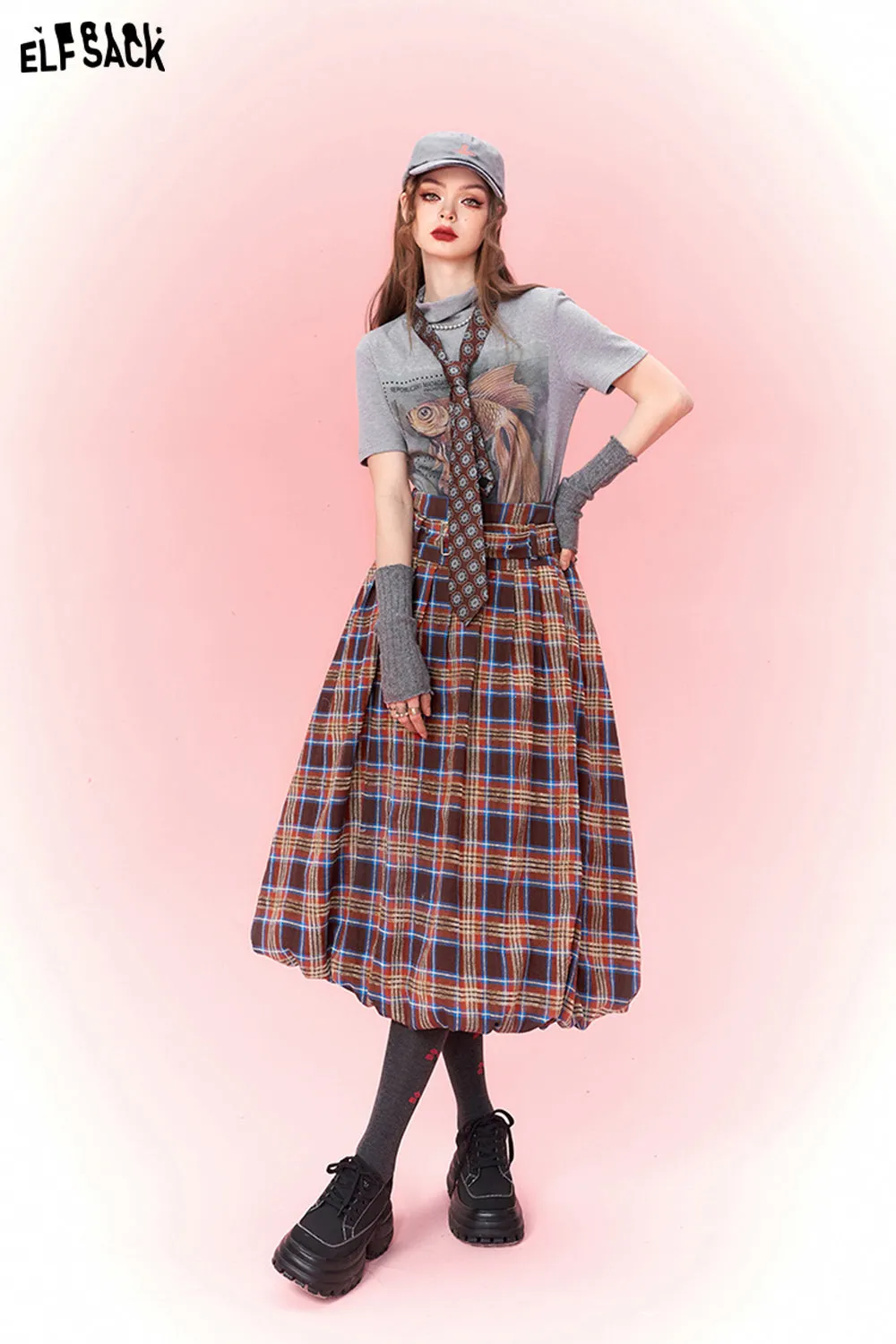 ELFSACK Checkered Pleated Skirt Woman 2023 Winter New Chinese Style Designer Skirt