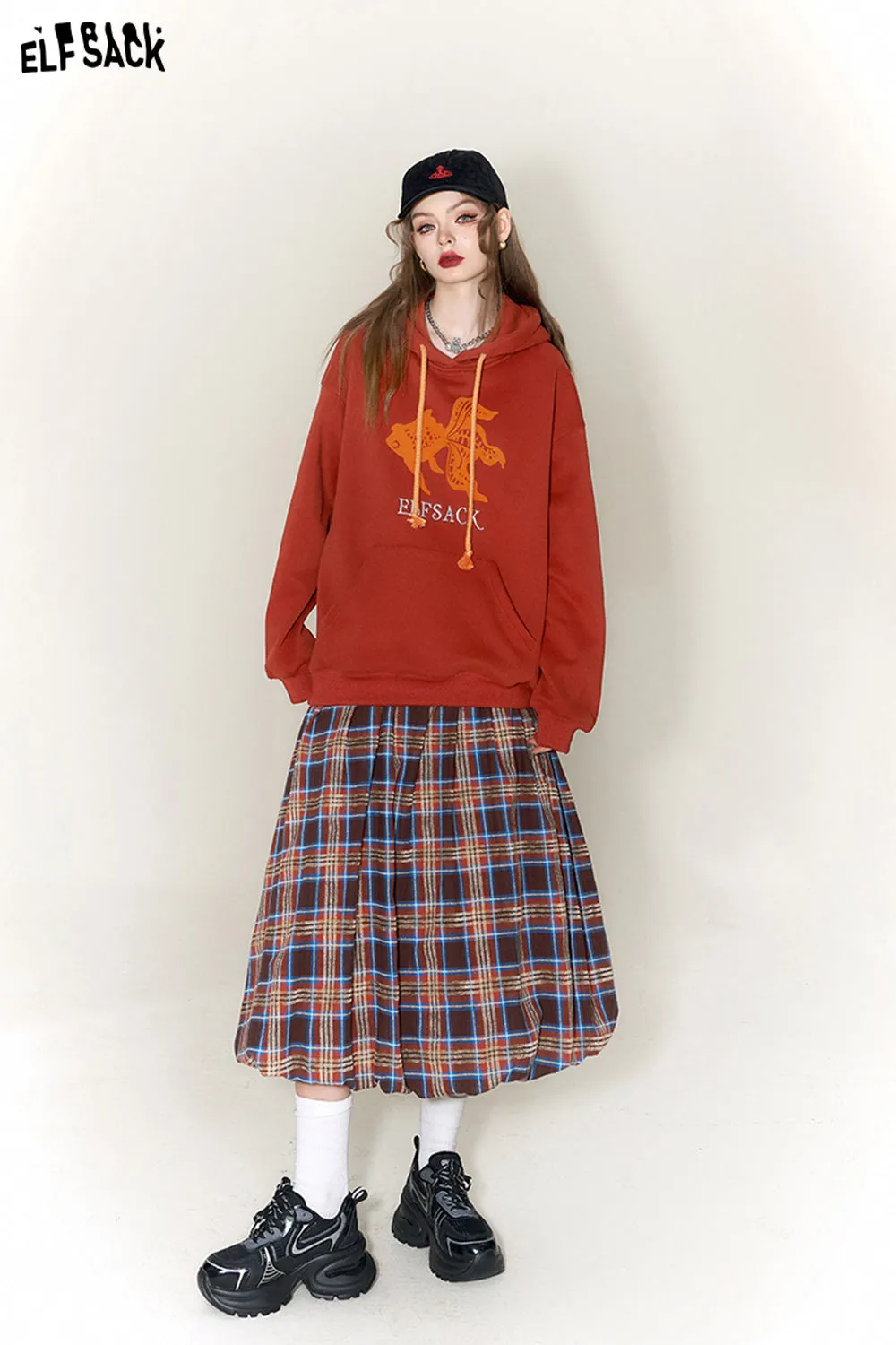 ELFSACK Checkered Pleated Skirt Woman 2023 Winter New Chinese Style Designer Skirt