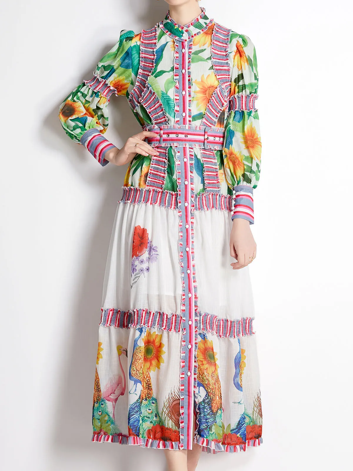 Embroidered Floral Printed Crewneck Long Sleeves Pleated Maxi Boho Dress