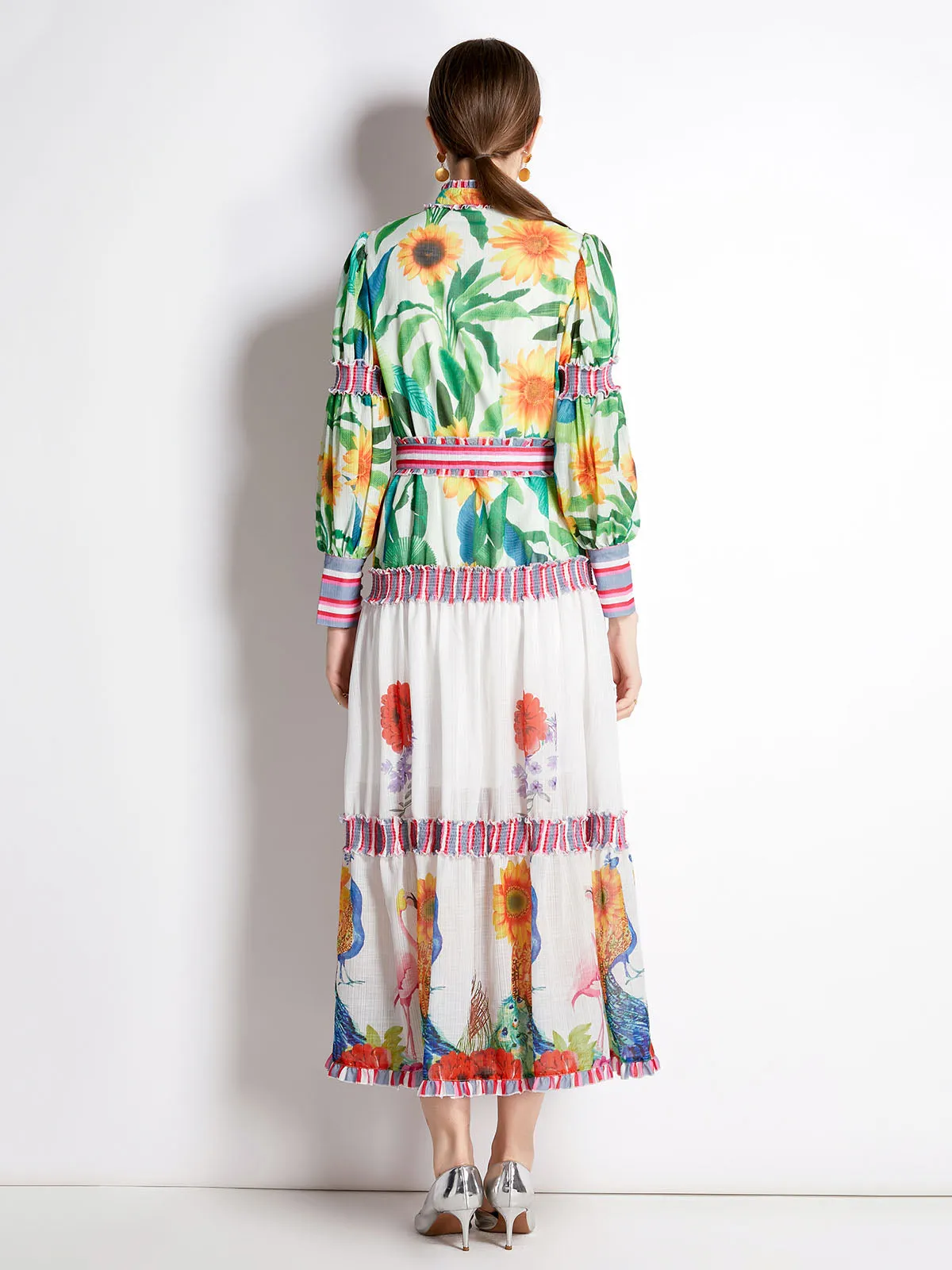 Embroidered Floral Printed Crewneck Long Sleeves Pleated Maxi Boho Dress