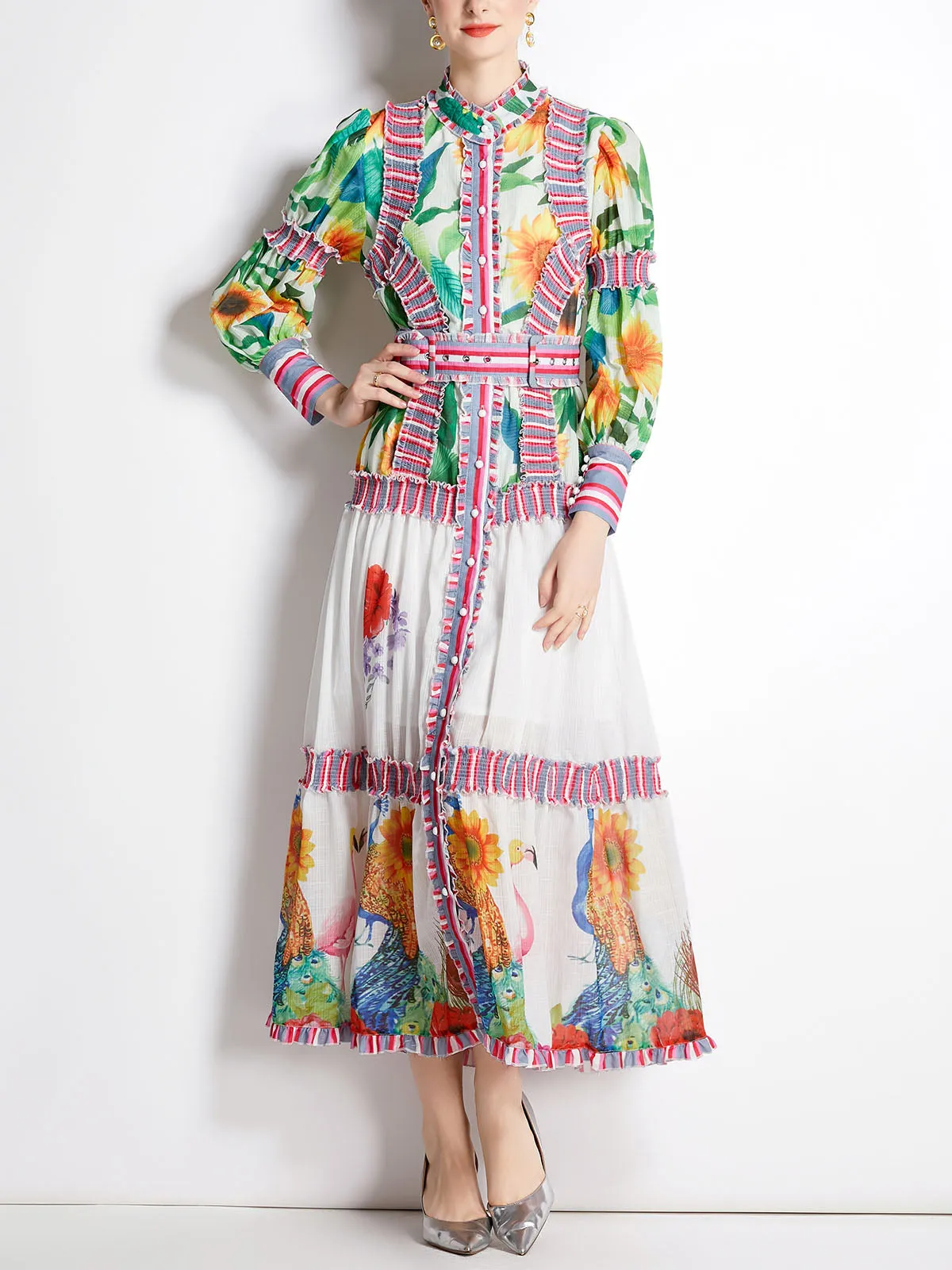 Embroidered Floral Printed Crewneck Long Sleeves Pleated Maxi Boho Dress