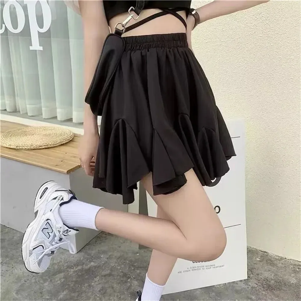 Fashion Summer New Ruffled Skirt Elastic Waist Thin Women A-line Pleated Puffy Preppy Style Solid Color Simple Casual Korean