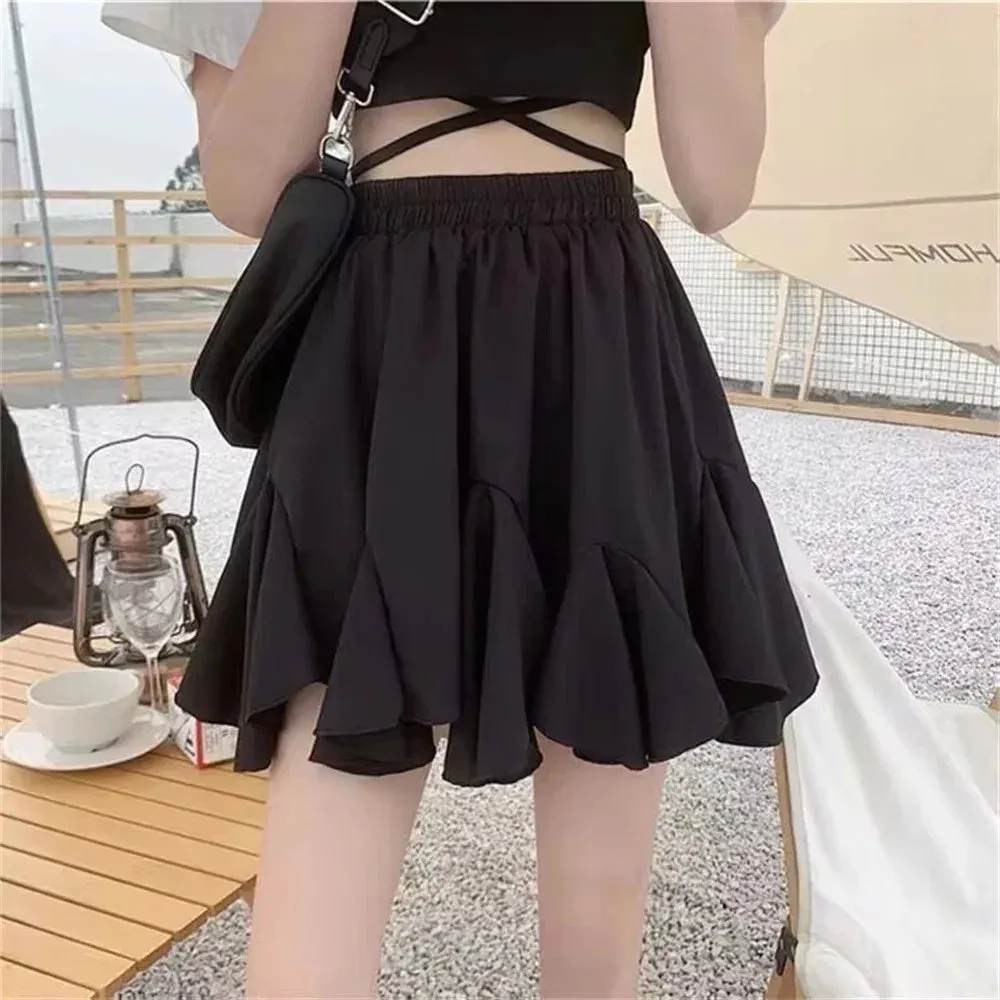 Fashion Summer New Ruffled Skirt Elastic Waist Thin Women A-line Pleated Puffy Preppy Style Solid Color Simple Casual Korean