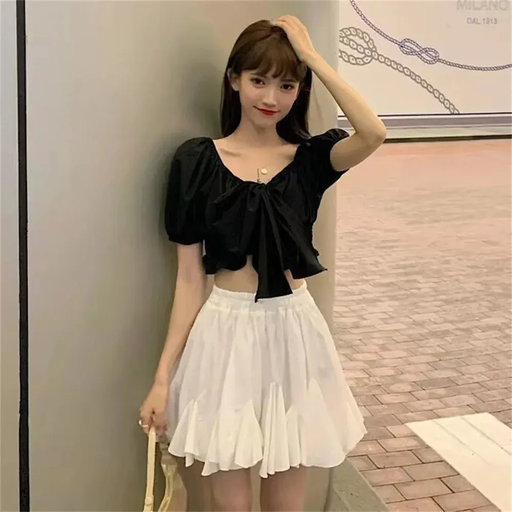 Fashion Summer New Ruffled Skirt Elastic Waist Thin Women A-line Pleated Puffy Preppy Style Solid Color Simple Casual Korean