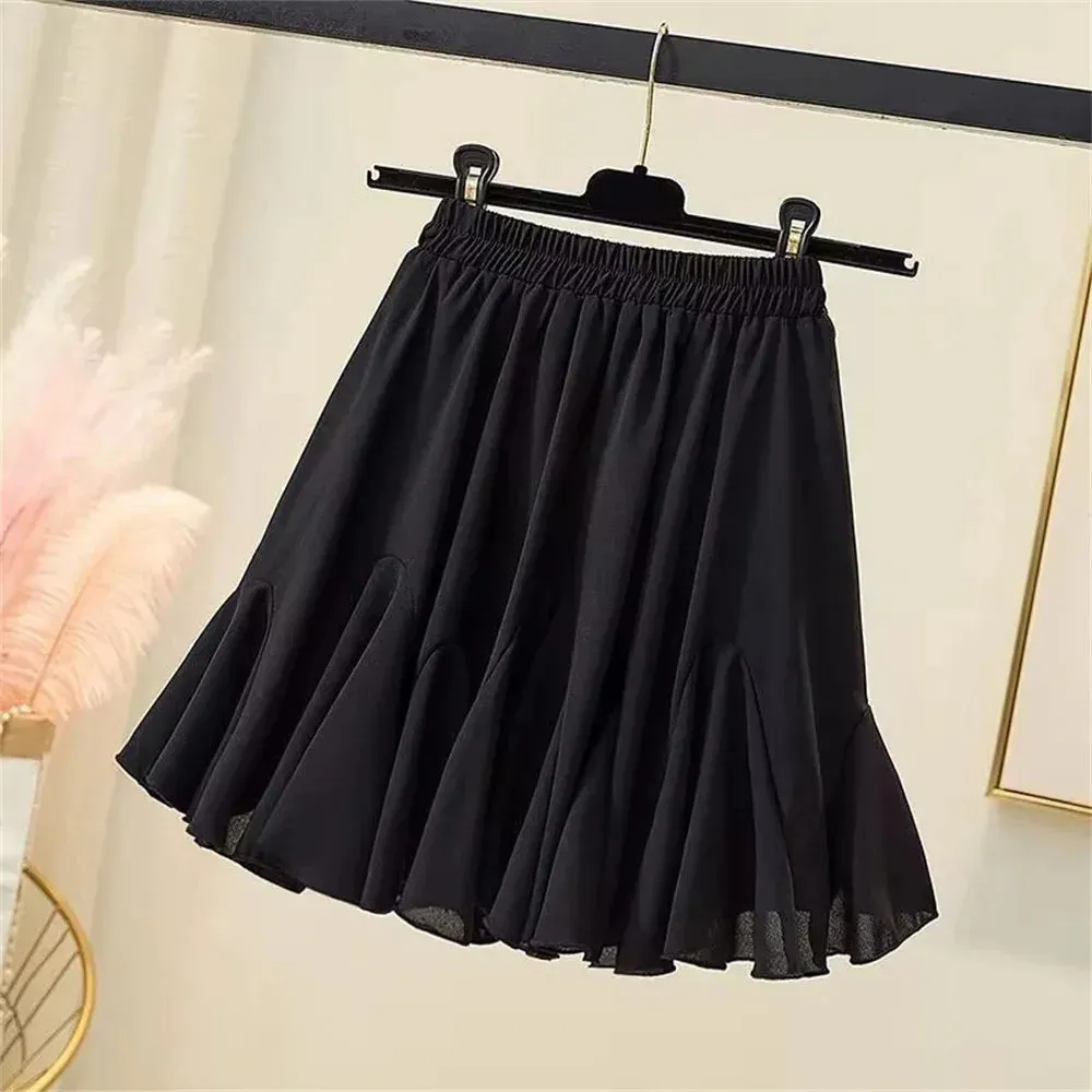 Fashion Summer New Ruffled Skirt Elastic Waist Thin Women A-line Pleated Puffy Preppy Style Solid Color Simple Casual Korean