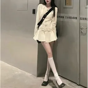 Fashionkova outfit ideas Long Sleeve Niche Retro Pleated Skirt Milky Whit Style Dress Women's Autumn and Winter New