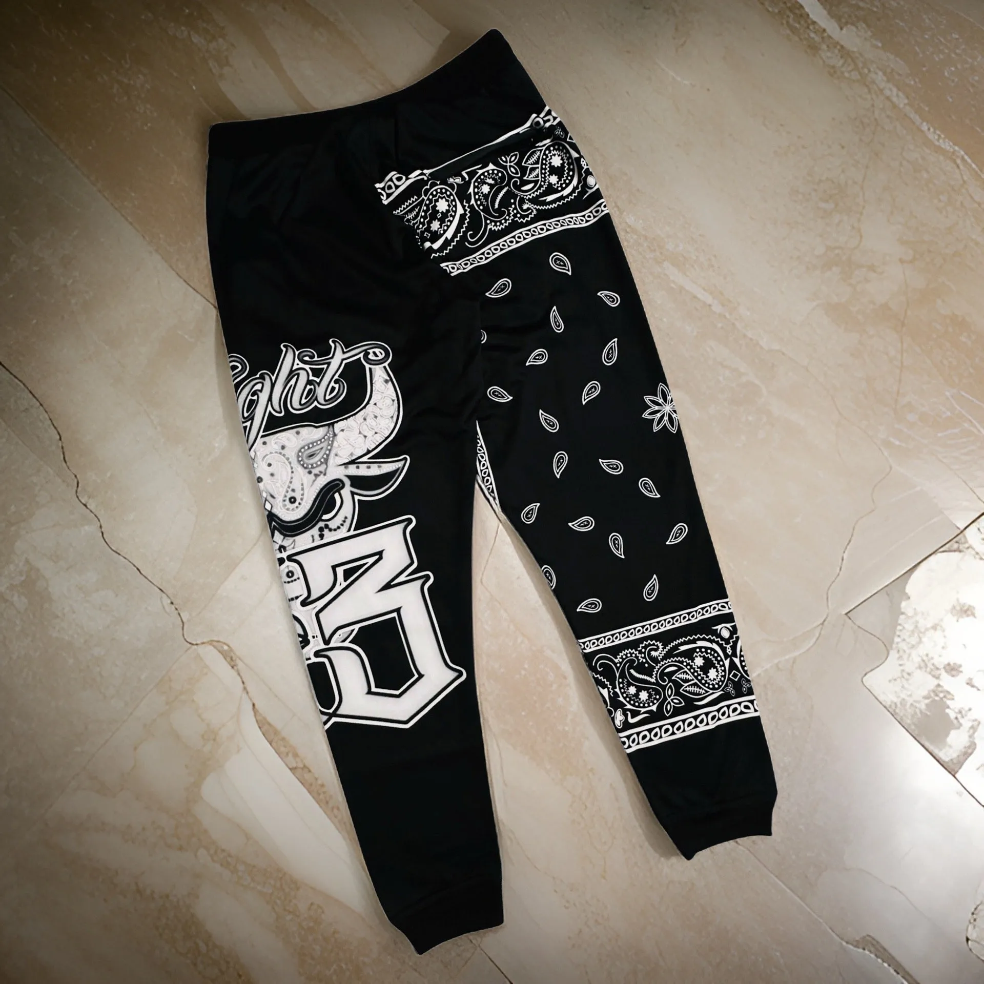 *FLIGHT 23* BLACK BANDANA / PAISLEY JOGGER SWEATPANTS (FLEECE LINED) (BACK ZIP POCKET)