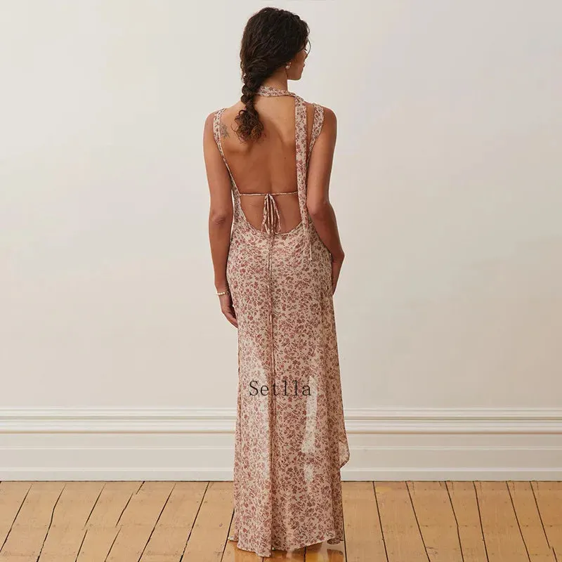 Floral Print Backless Maxi Dress for Birthday Party