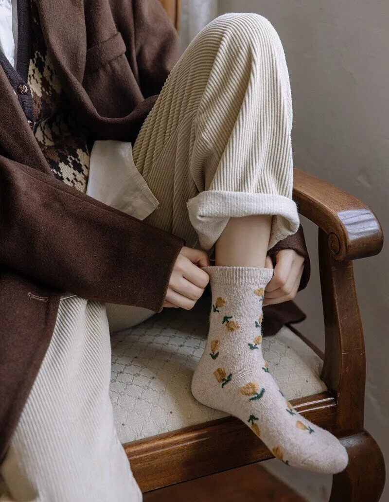 Floral wool socks gift Women Winter Socks gift wool flowers Korean Japanese yellow