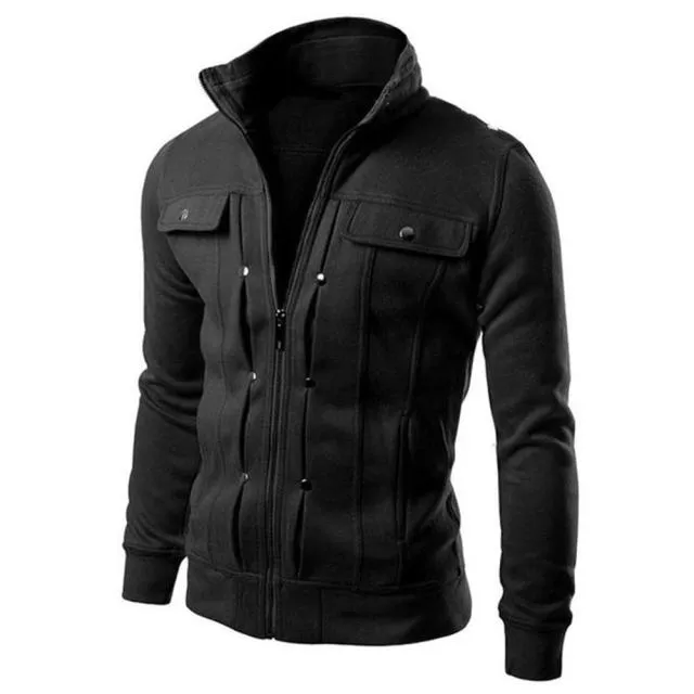 Fly Stand Collar Button Pleated & Pocketed Sweater Style Jacket