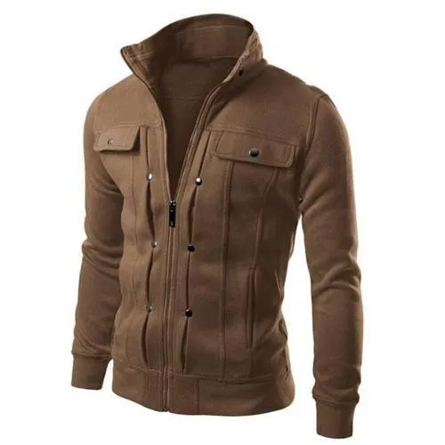 Fly Stand Collar Button Pleated & Pocketed Sweater Style Jacket