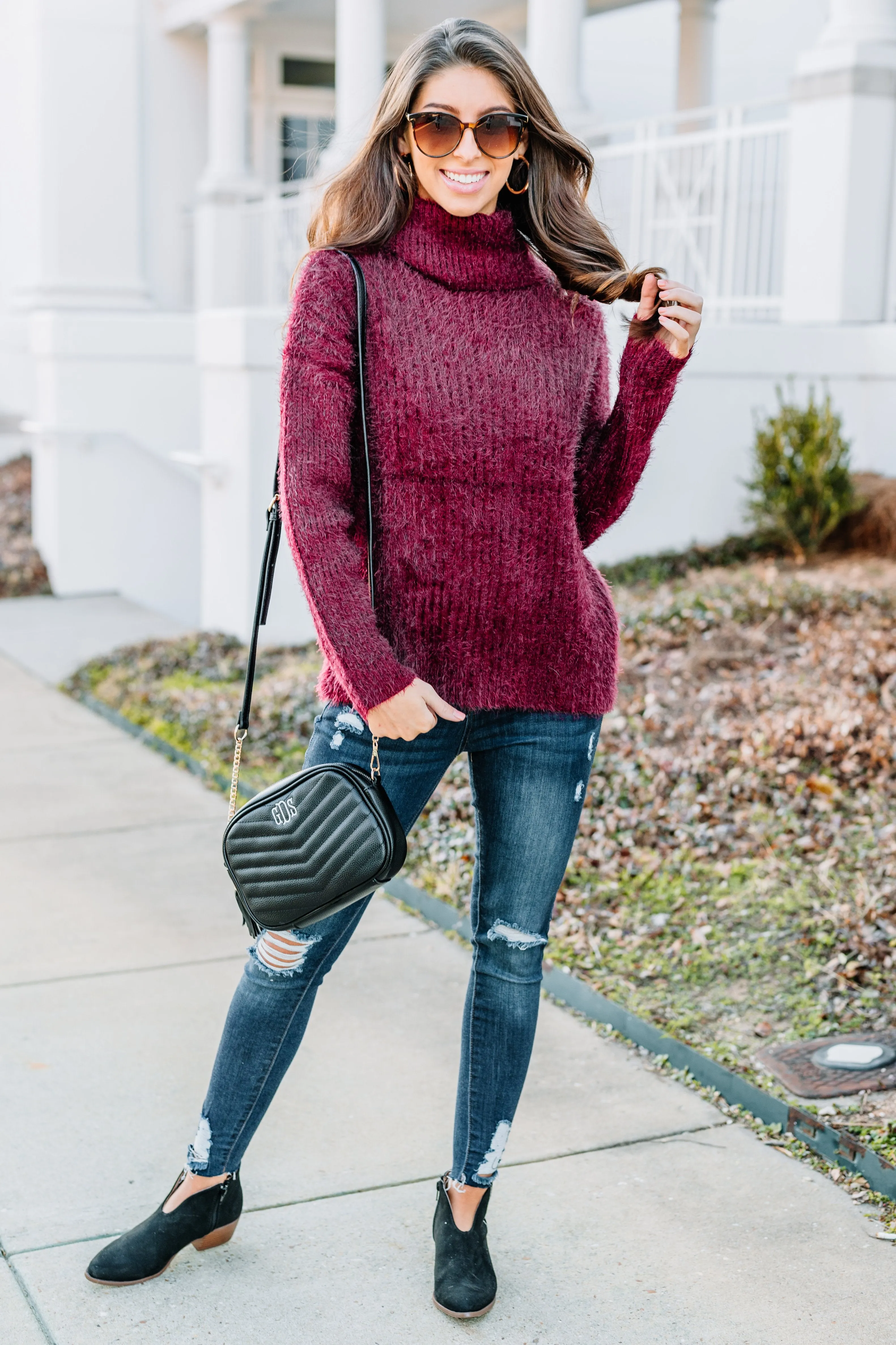 For The Win Burgundy Red Fuzzy Turtleneck Sweater