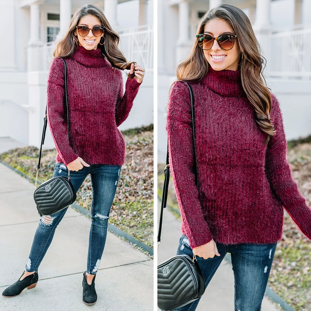 For The Win Burgundy Red Fuzzy Turtleneck Sweater