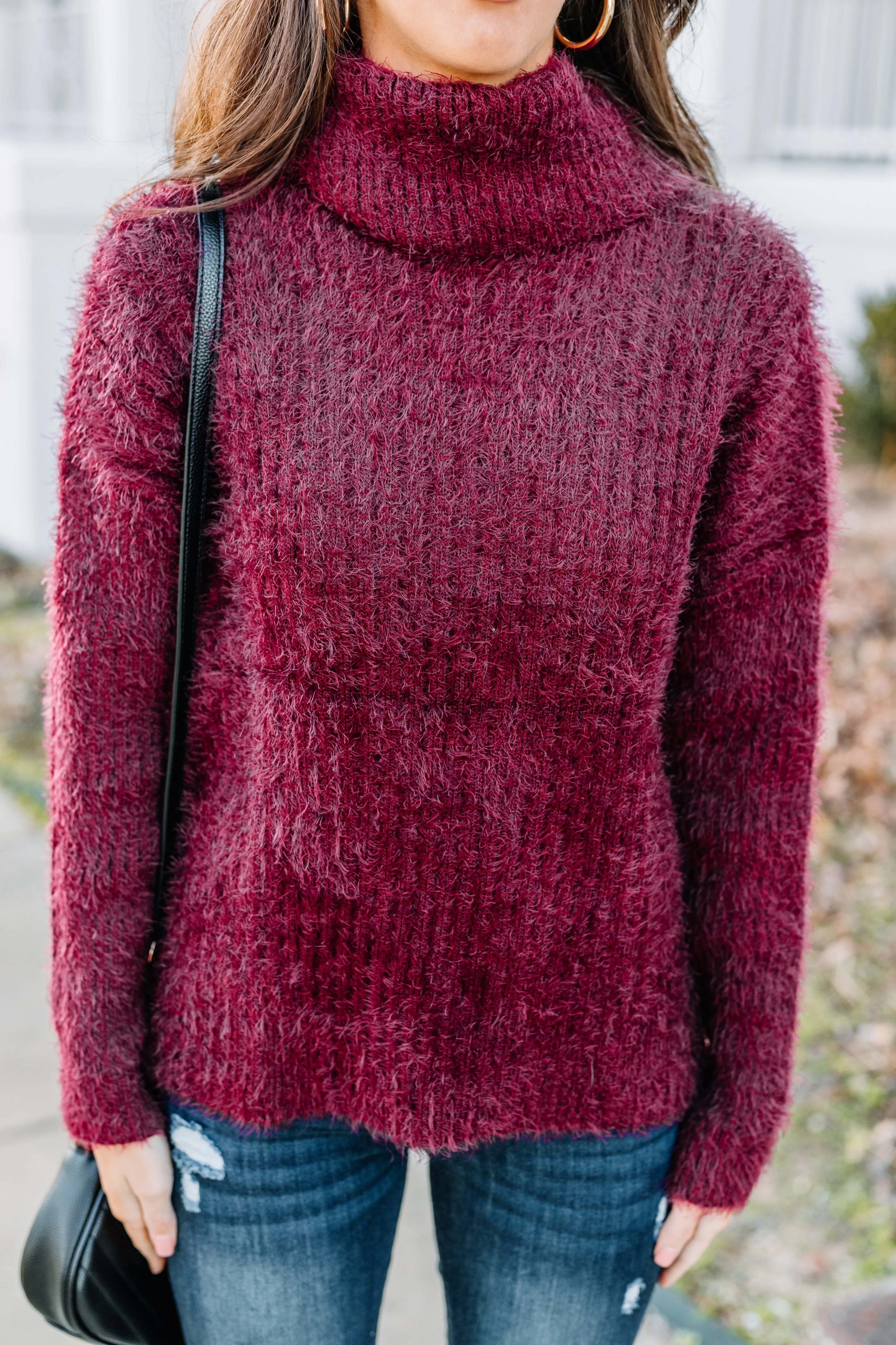 For The Win Burgundy Red Fuzzy Turtleneck Sweater