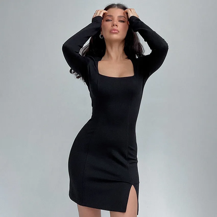 French Hepburn Black Dress High Grade Niche Square Collar Split Tight Women Spring Dress