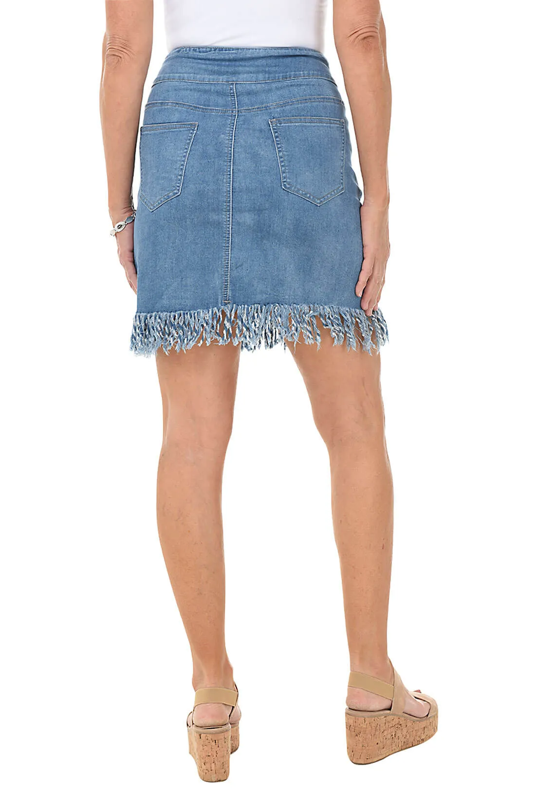 Fringed Pull-On Denim Skirt