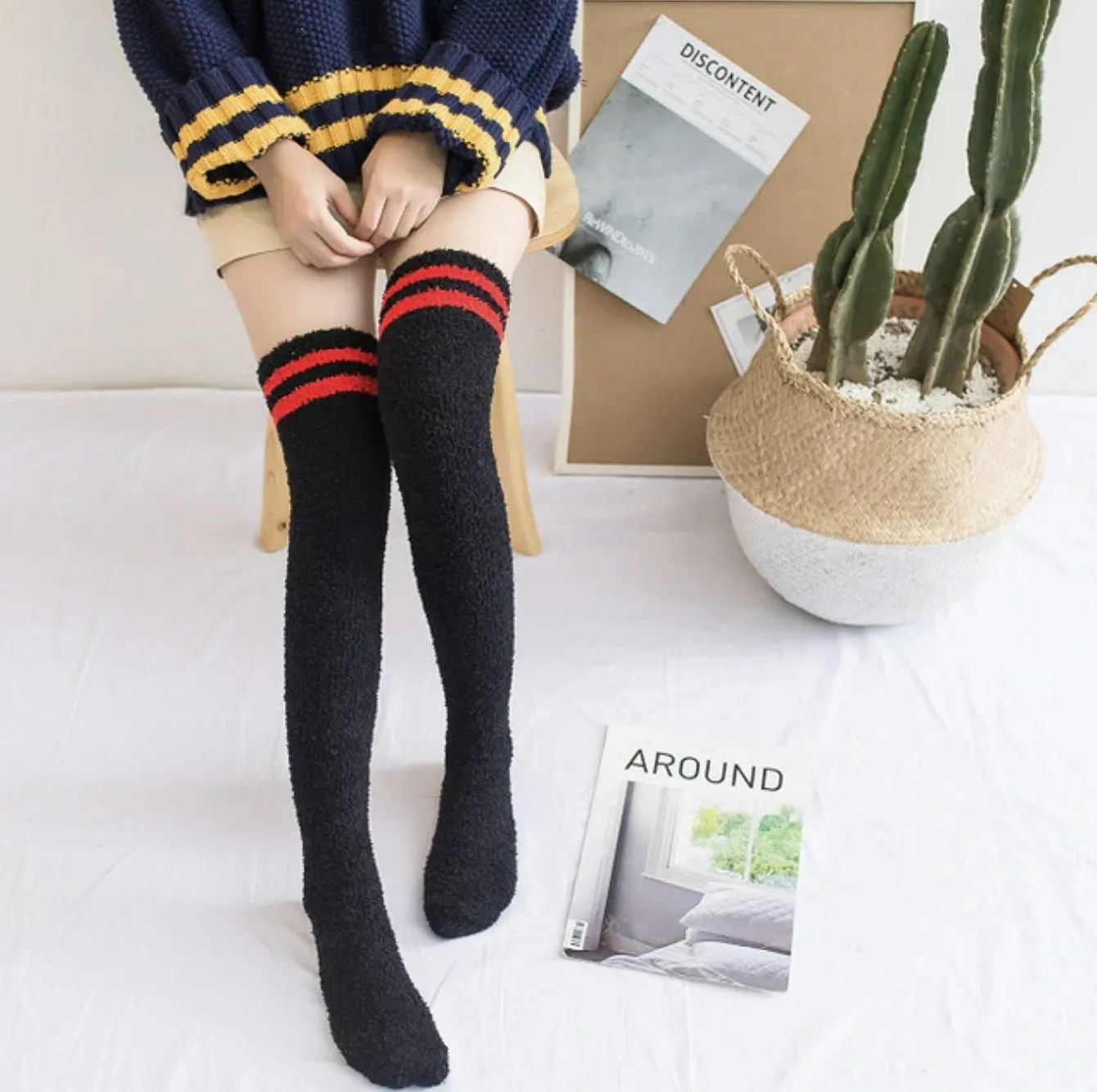 Fuzzy Striped Thigh Highs