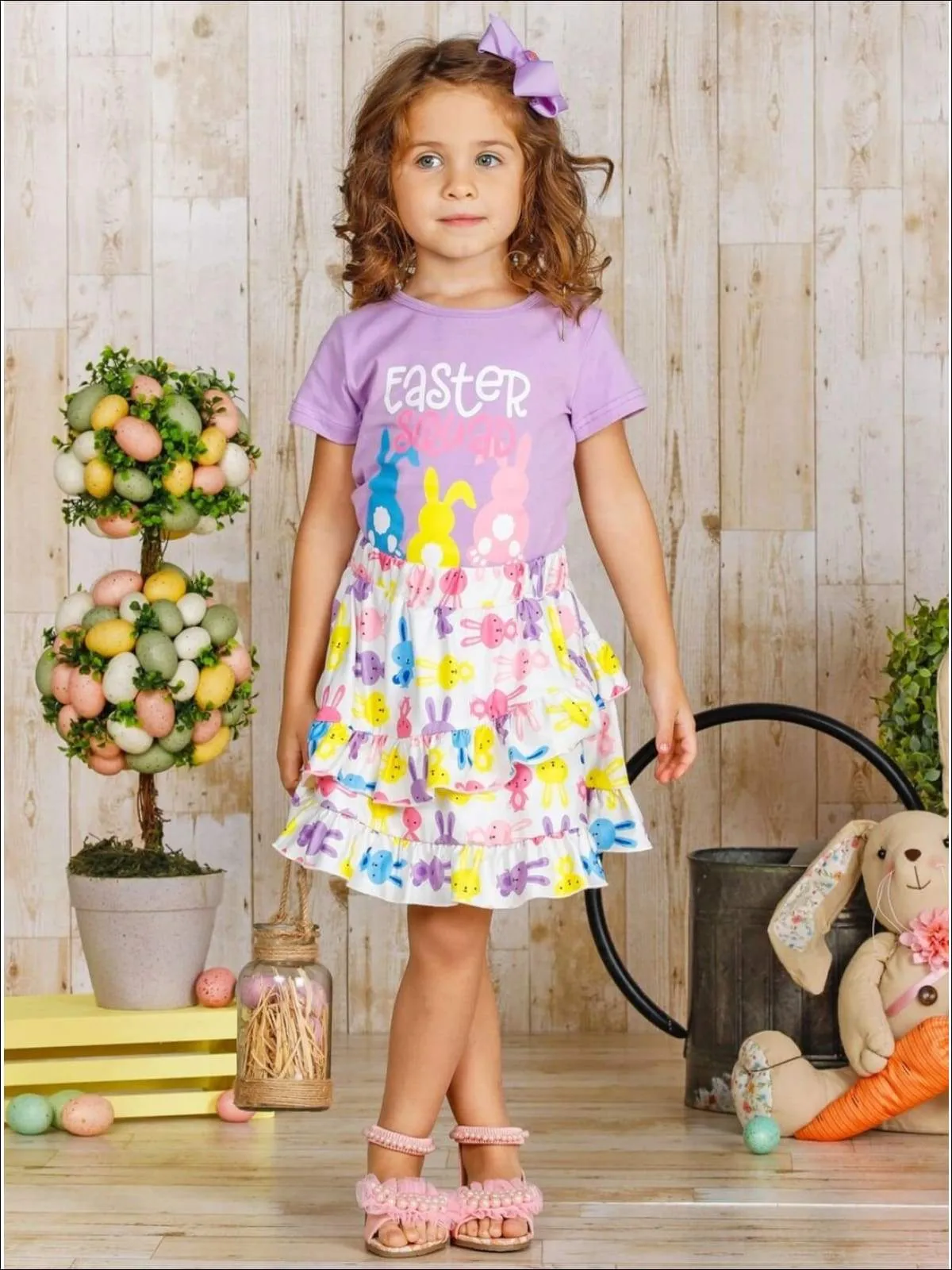 Girls "Easter Squad" Bunny Print Top and Ruffled Skirt Set