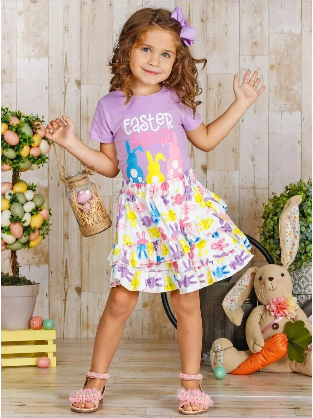 Girls "Easter Squad" Bunny Print Top and Ruffled Skirt Set