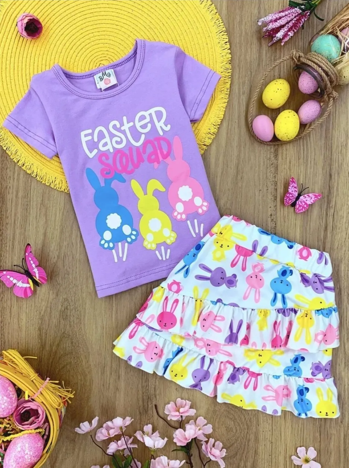 Girls "Easter Squad" Bunny Print Top and Ruffled Skirt Set