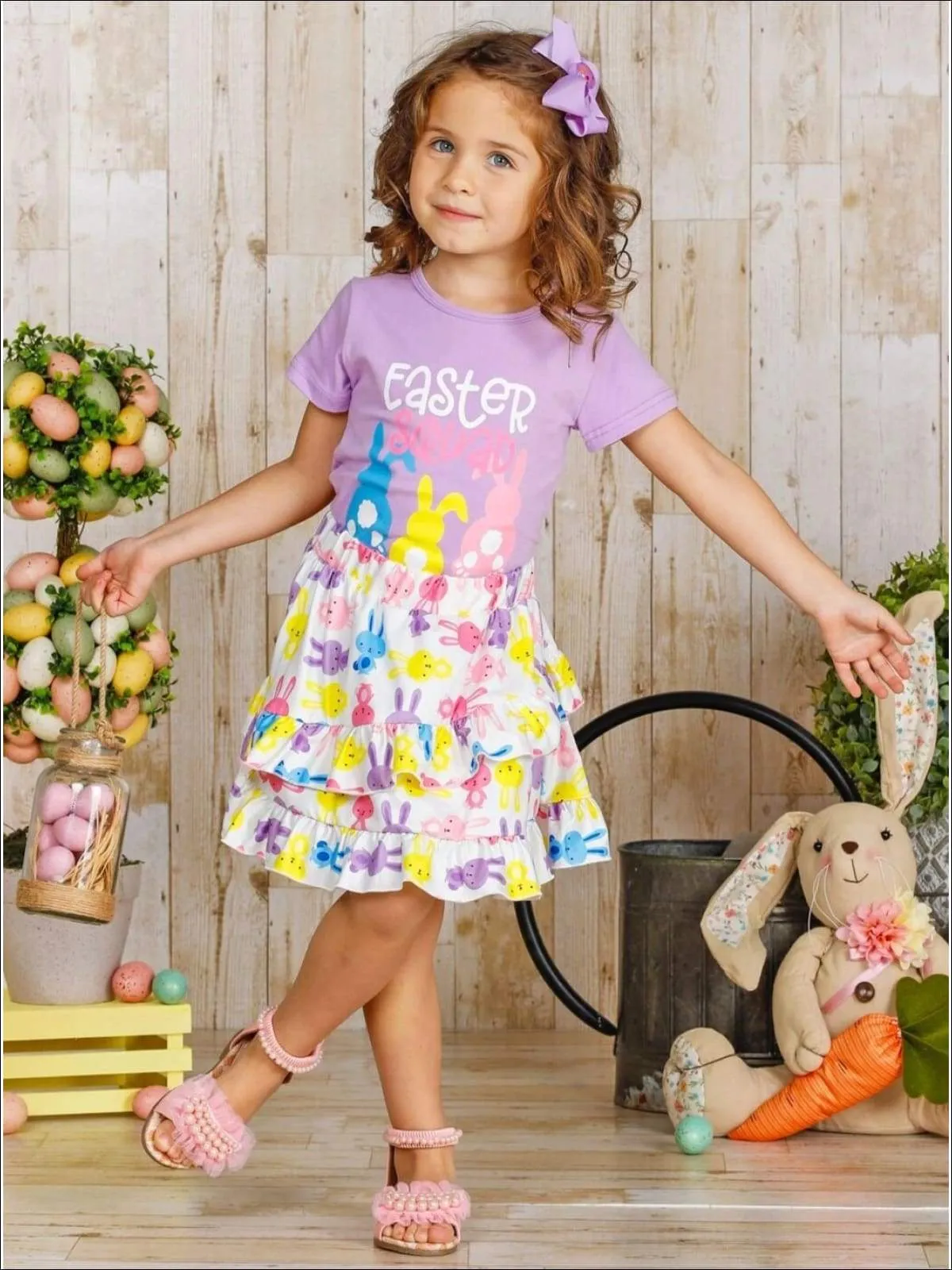 Girls "Easter Squad" Bunny Print Top and Ruffled Skirt Set