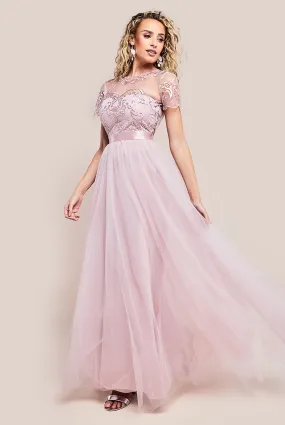 Goddiva Embroidered Mesh Maxi Dress - Blush