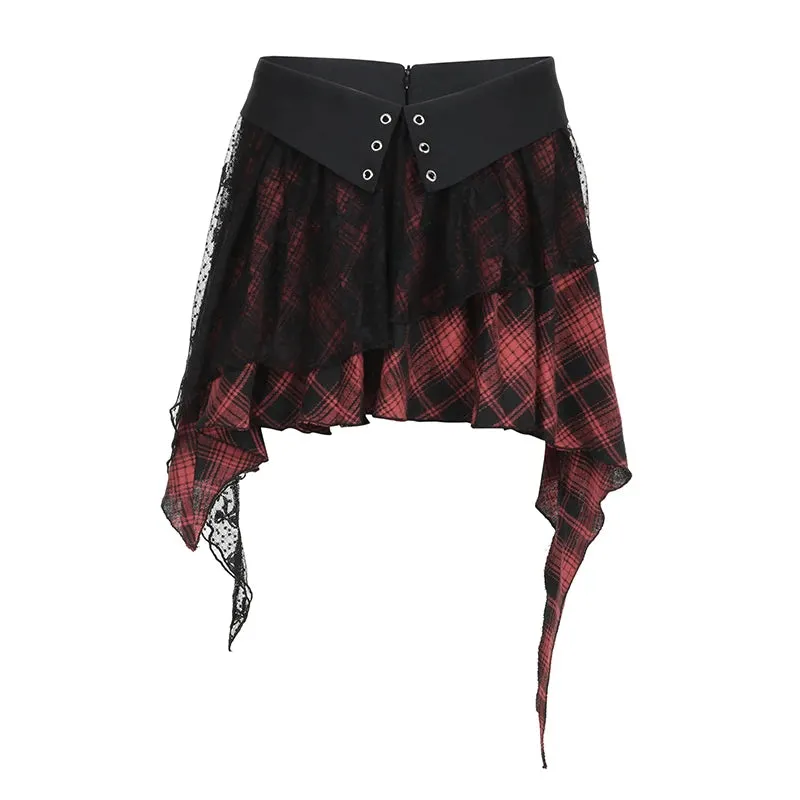 Gothic Dark Lace Patchwork Y2K Plaid Skirt Women Asymmetrical Fold Halloween Harajuku Pleated Skirt Mini Academia