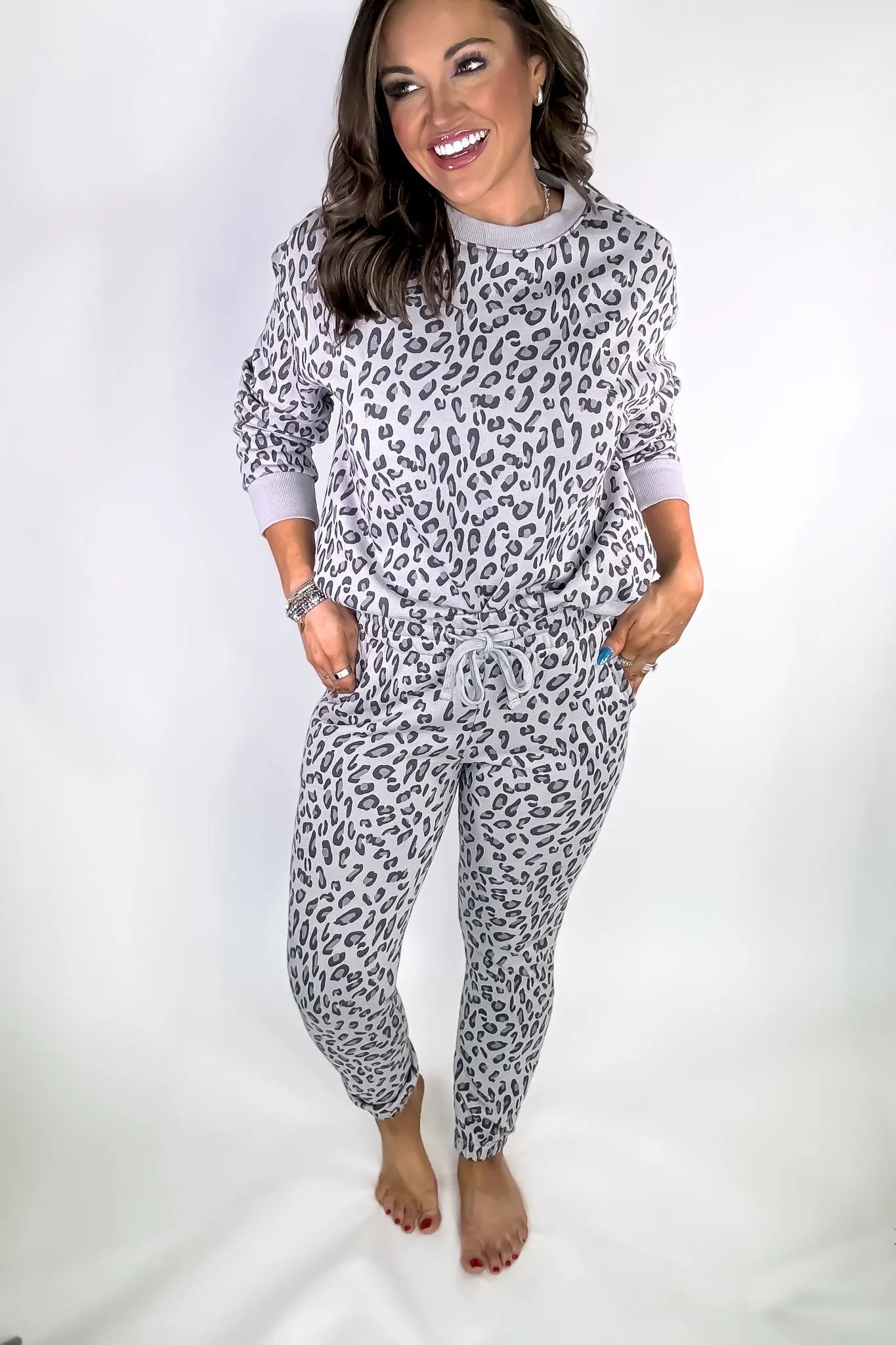 Grey Leopard High Waist Animal Print Fleece Sweatpants