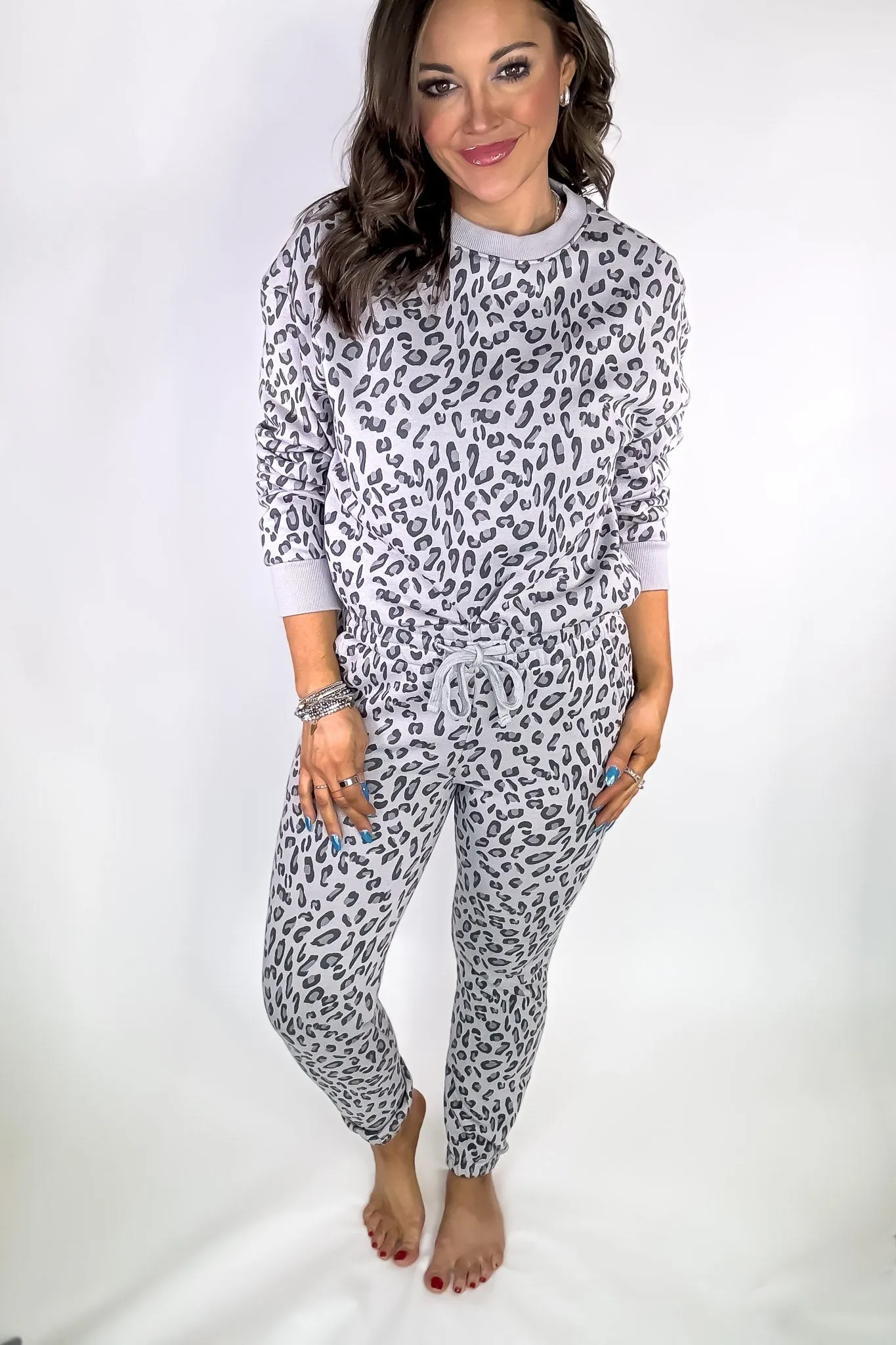 Grey Leopard High Waist Animal Print Fleece Sweatpants