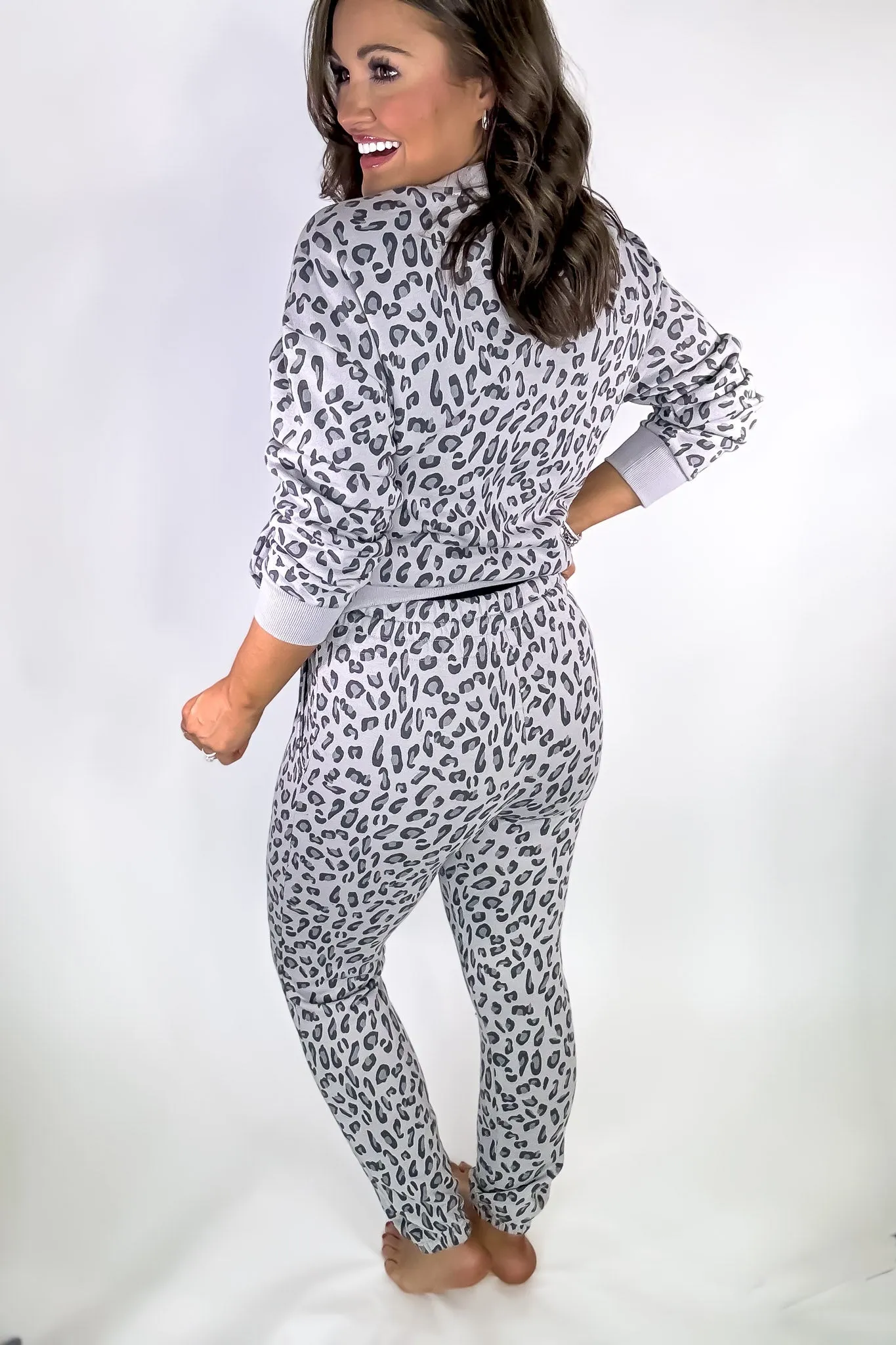 Grey Leopard High Waist Animal Print Fleece Sweatpants