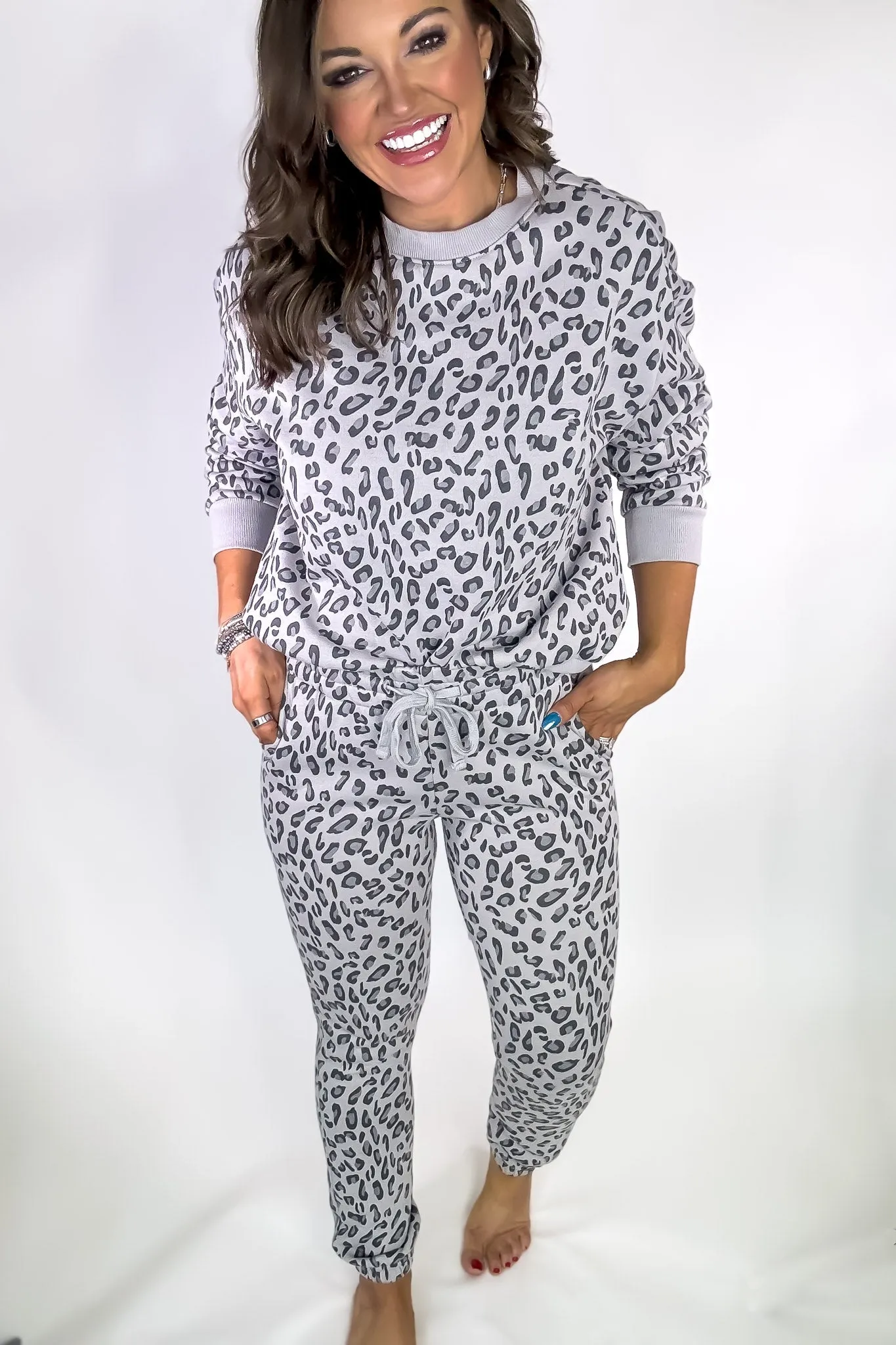 Grey Leopard High Waist Animal Print Fleece Sweatpants