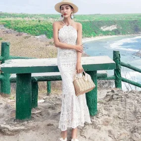 Halterneck Lace Maxi Dress in White