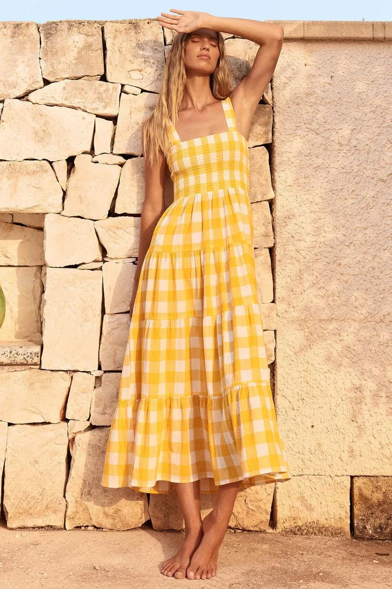 Hobor Gingham Maxi Dress in Yellow