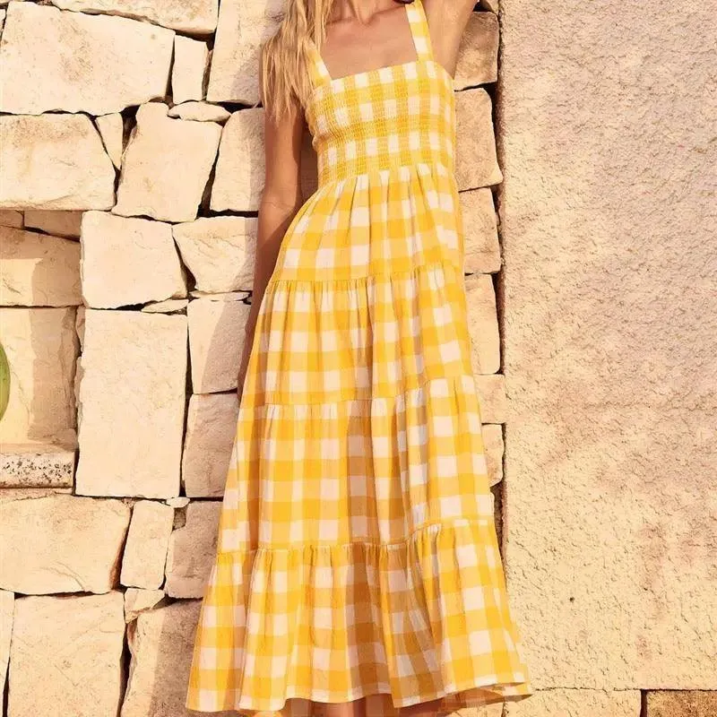 Hobor Gingham Maxi Dress in Yellow