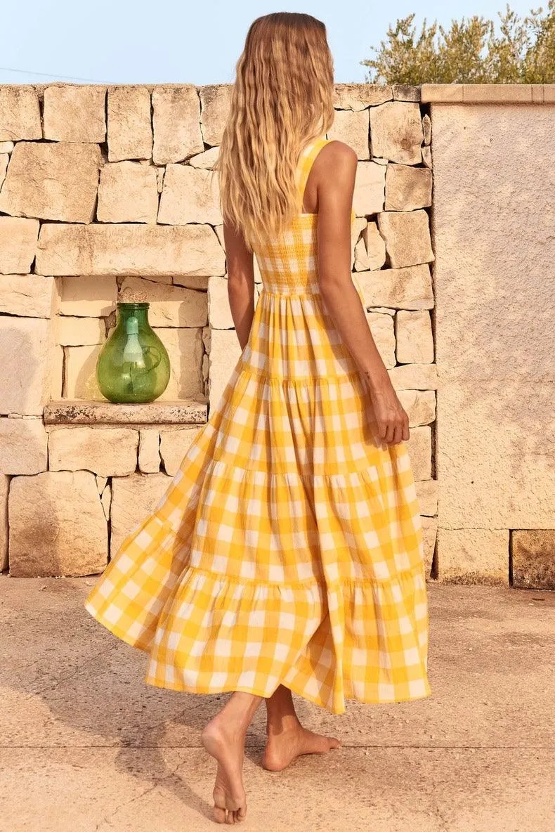 Hobor Gingham Maxi Dress in Yellow