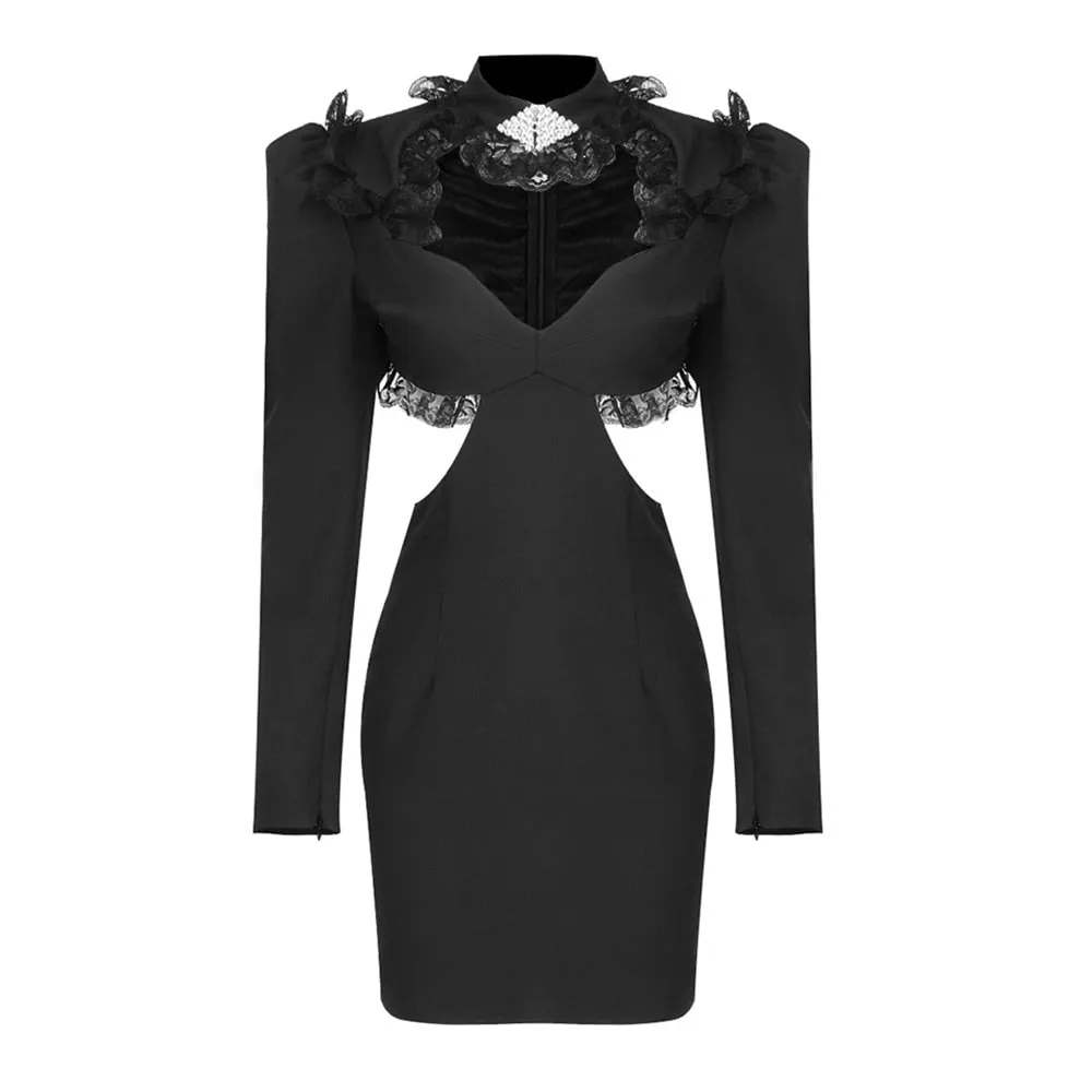 Hollow Out Bodycon Formal Dresses For Women V Neck Long Sleeve High Waist Patchwork Lace Mini Dress Female Style