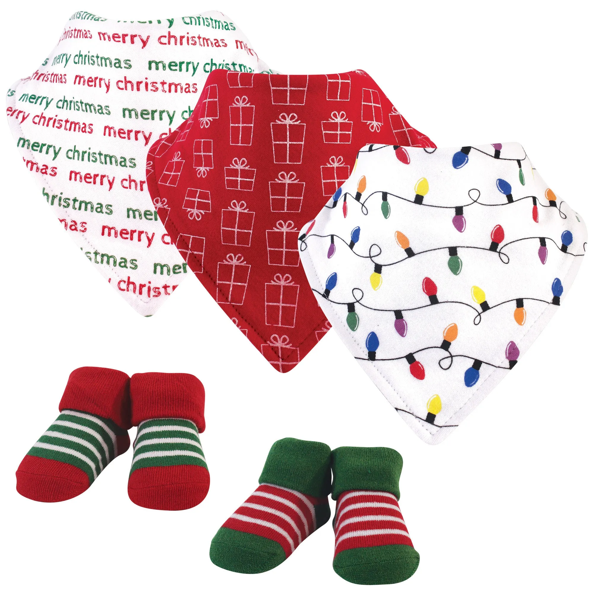 Hudson Baby Cotton Bib and Sock Set, Christmas Lights